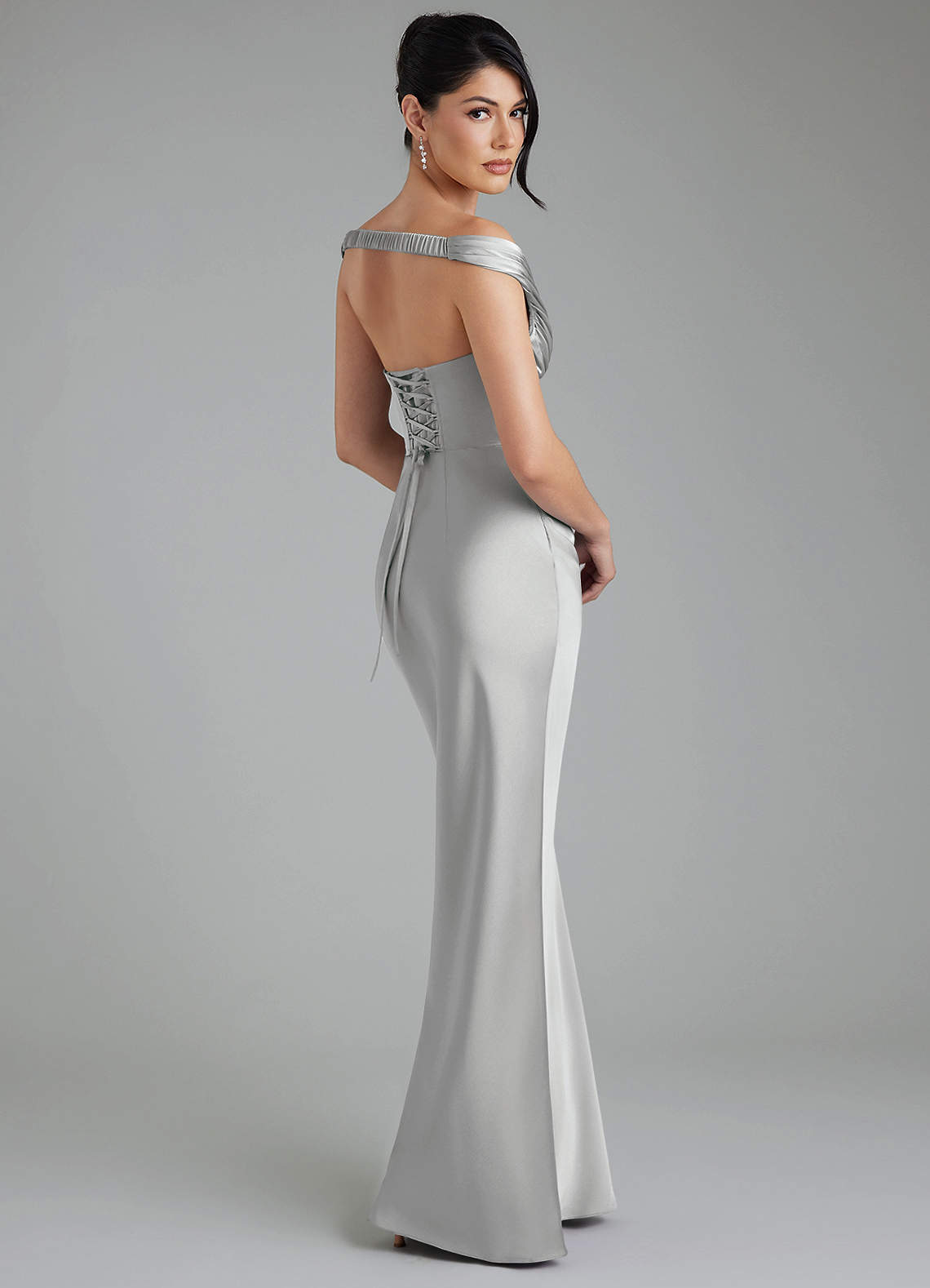 Stella Sheath V-Neck Stretch Satin Bridesmaid Dress in Silver