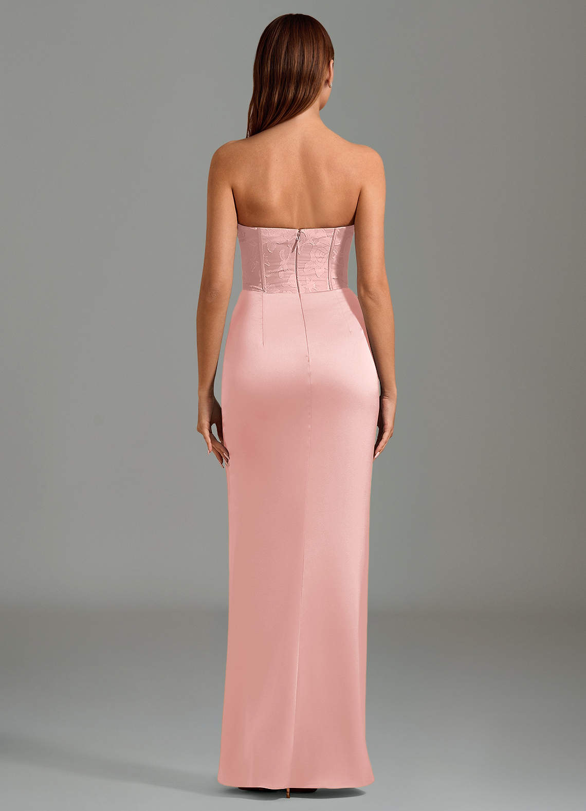 Emilia Mermaid Strapless Stretch Satin and Floral Burnout Bridesmaid Dress in Powder Pink
