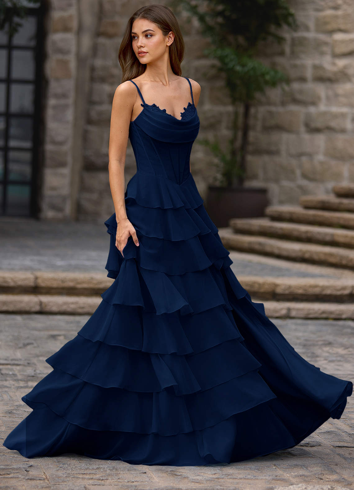 Floralace A-Line Ruffle Chiffon Evening Dress in Navy