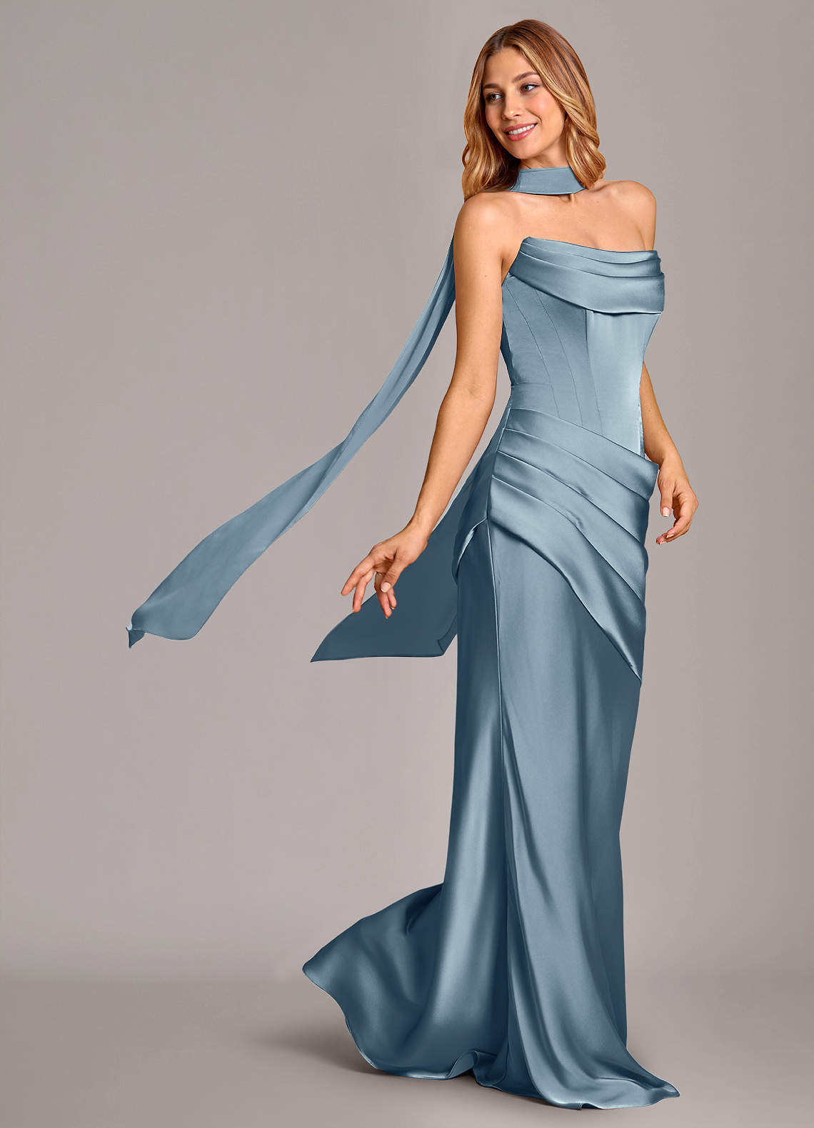 Pelagia Mermaid Cowl-Neck Stretch Satin Bridesmaid Dress in dusty blue