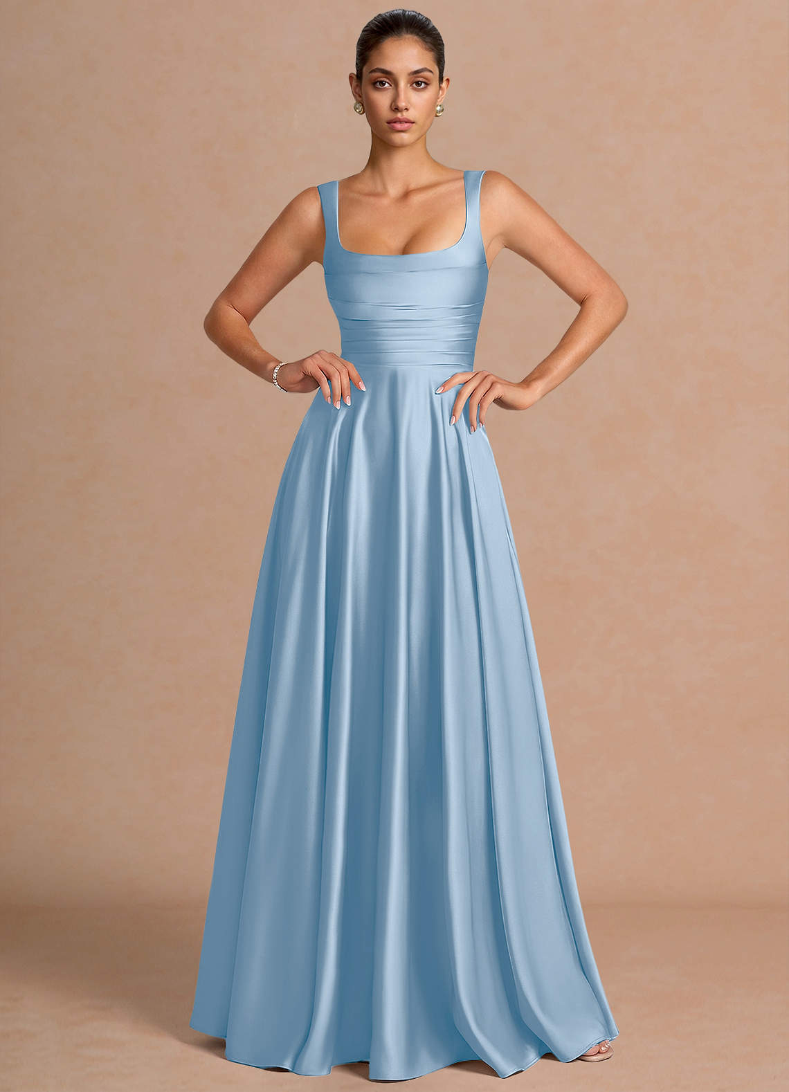 Azaria A-Line Square-Neck Stretch Satin Wedding Guest Dress in Haze blue