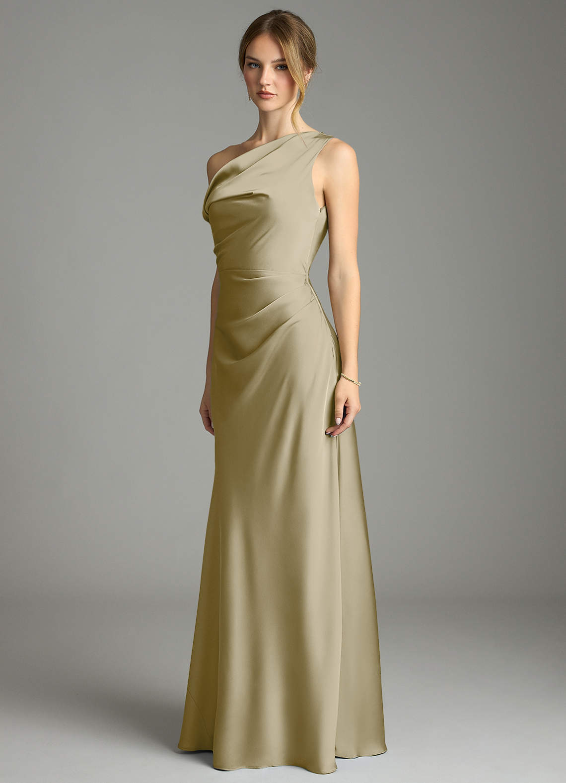 Emerson Mermaid One-Shoulder Stretch Satin Bridesmaid Dress in Moss Green