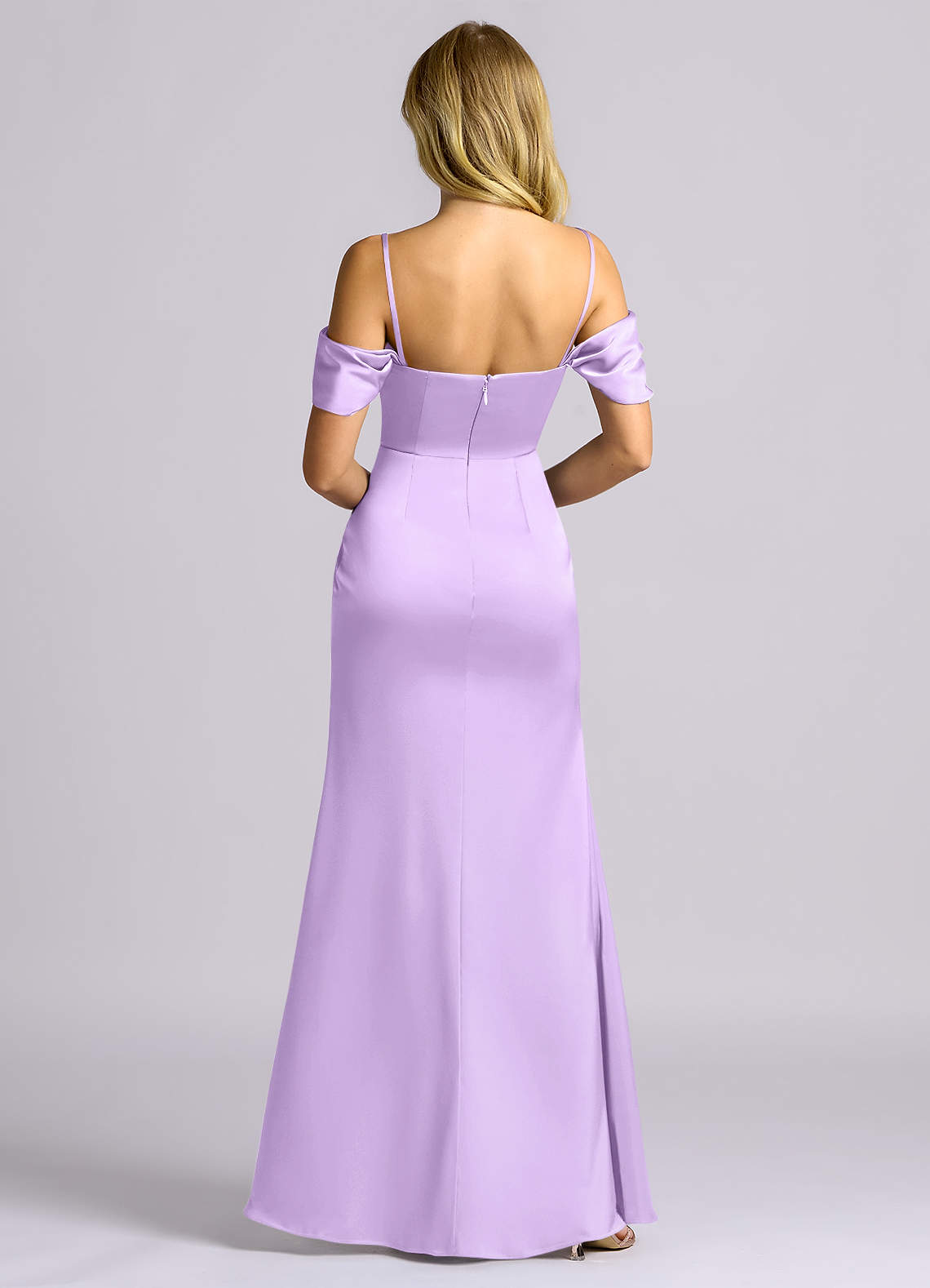 Auden Sheath Off-the-Shoulder Stretch Satin Bridesmaid Dress in Lilac