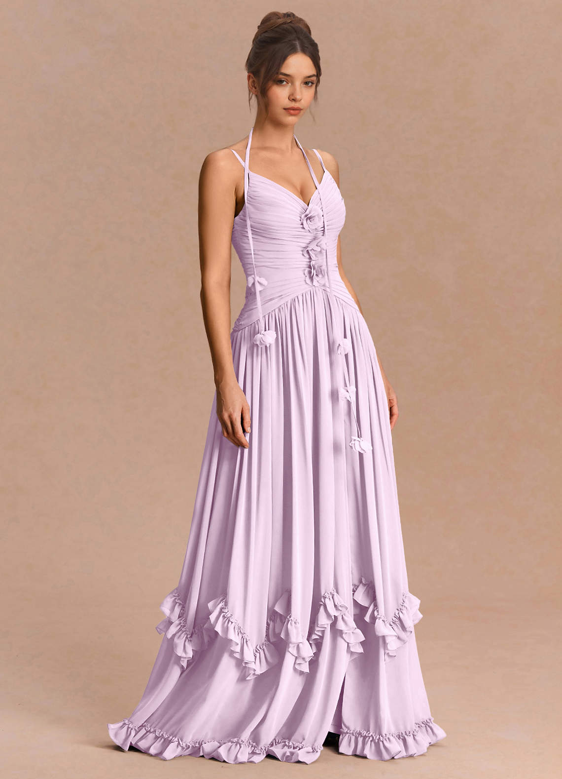 Eulalie A-Line Floral-Appliqué Chiffon Evening Dress in Frosted Lilac