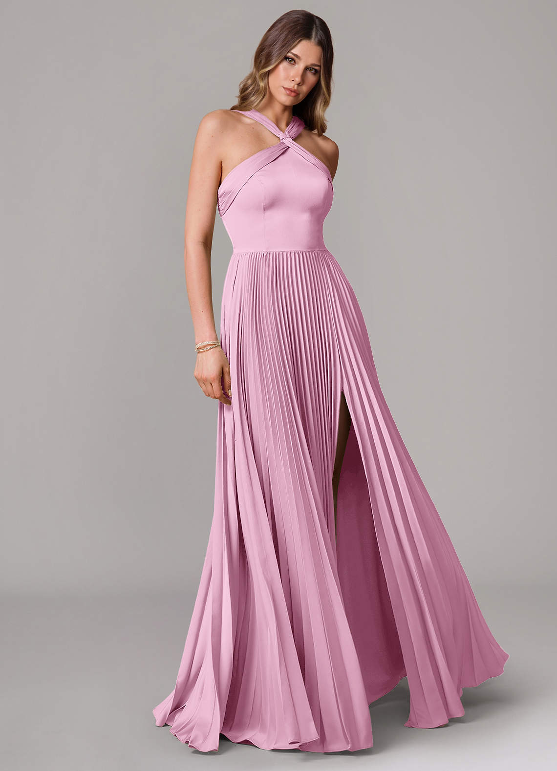 Afra A-Line Halter-Neck Stretch Satin Bridesmaid Dress in candy pink