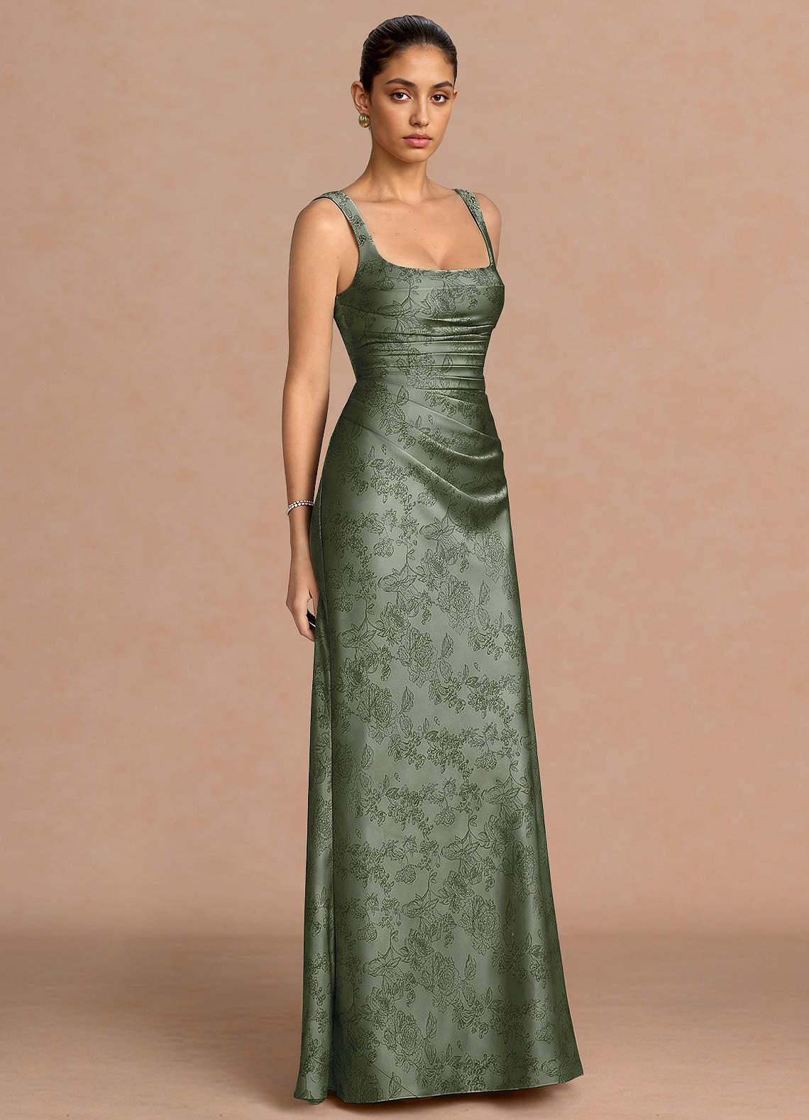 Agustina Square-Neck Pleated Jacquard Evening Dress in Sage Blue