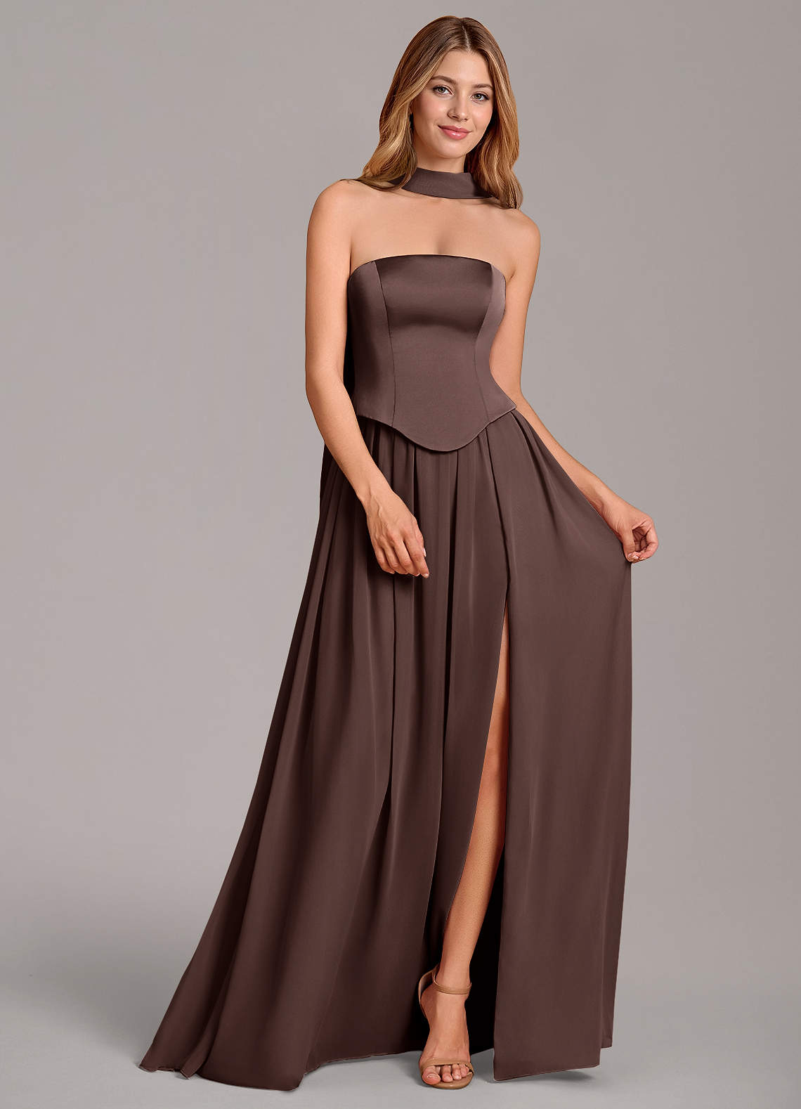Cadence A-Line Strapless Chiffon and Stretch Satin Bridesmaid Dress in Ganache