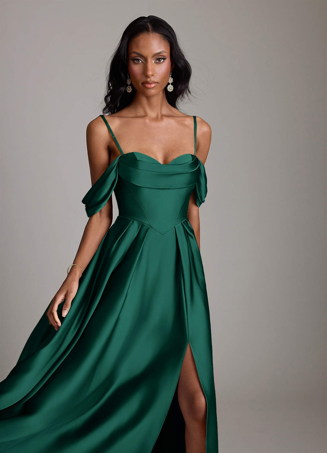 Loisa A-Line Off-the-Shoulder Stretch Satin Bridesmaid Dress in Emerald