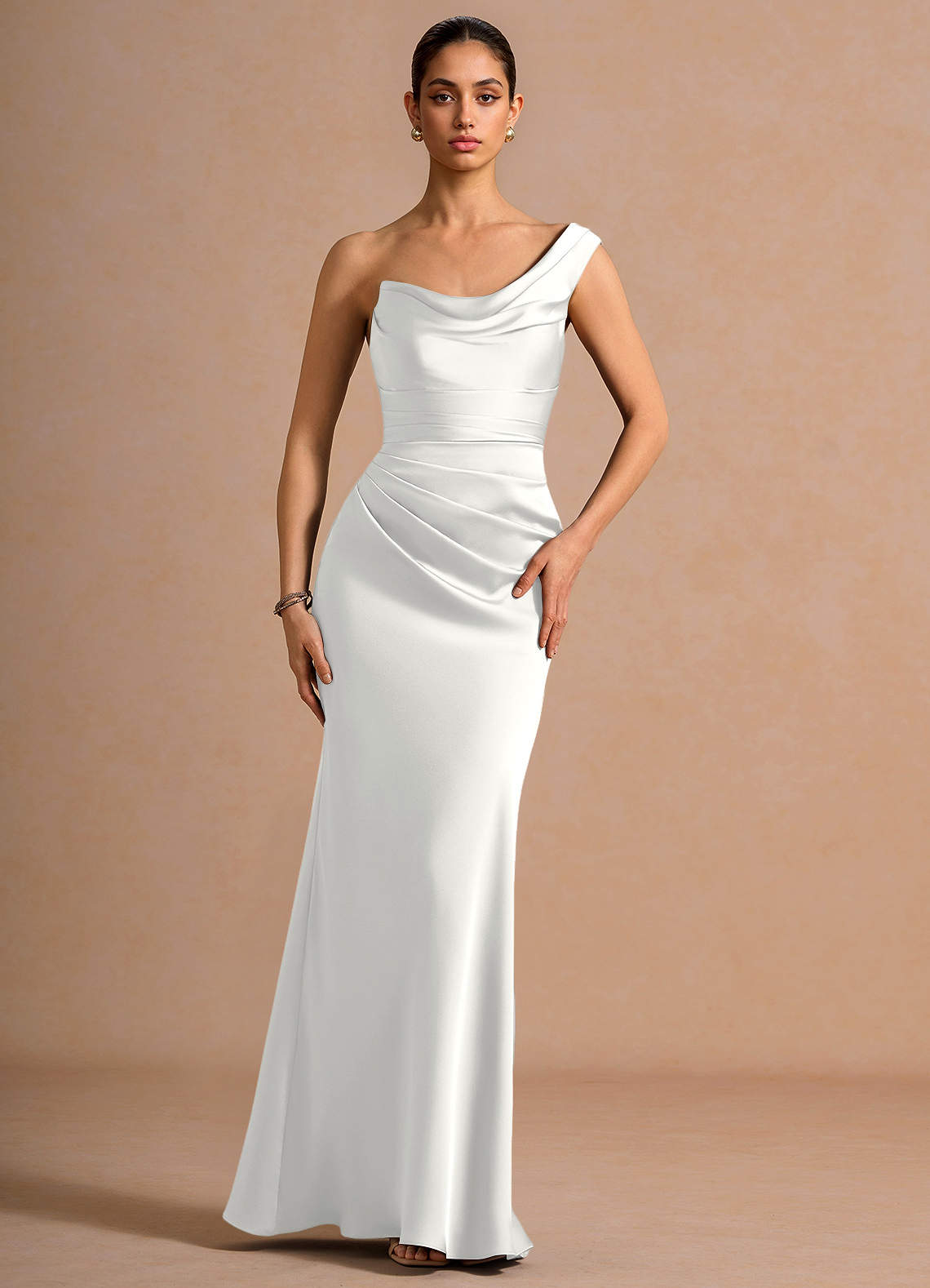 Cassiopeia One-Shoulder Draped Stretch Satin Evening Dress in White