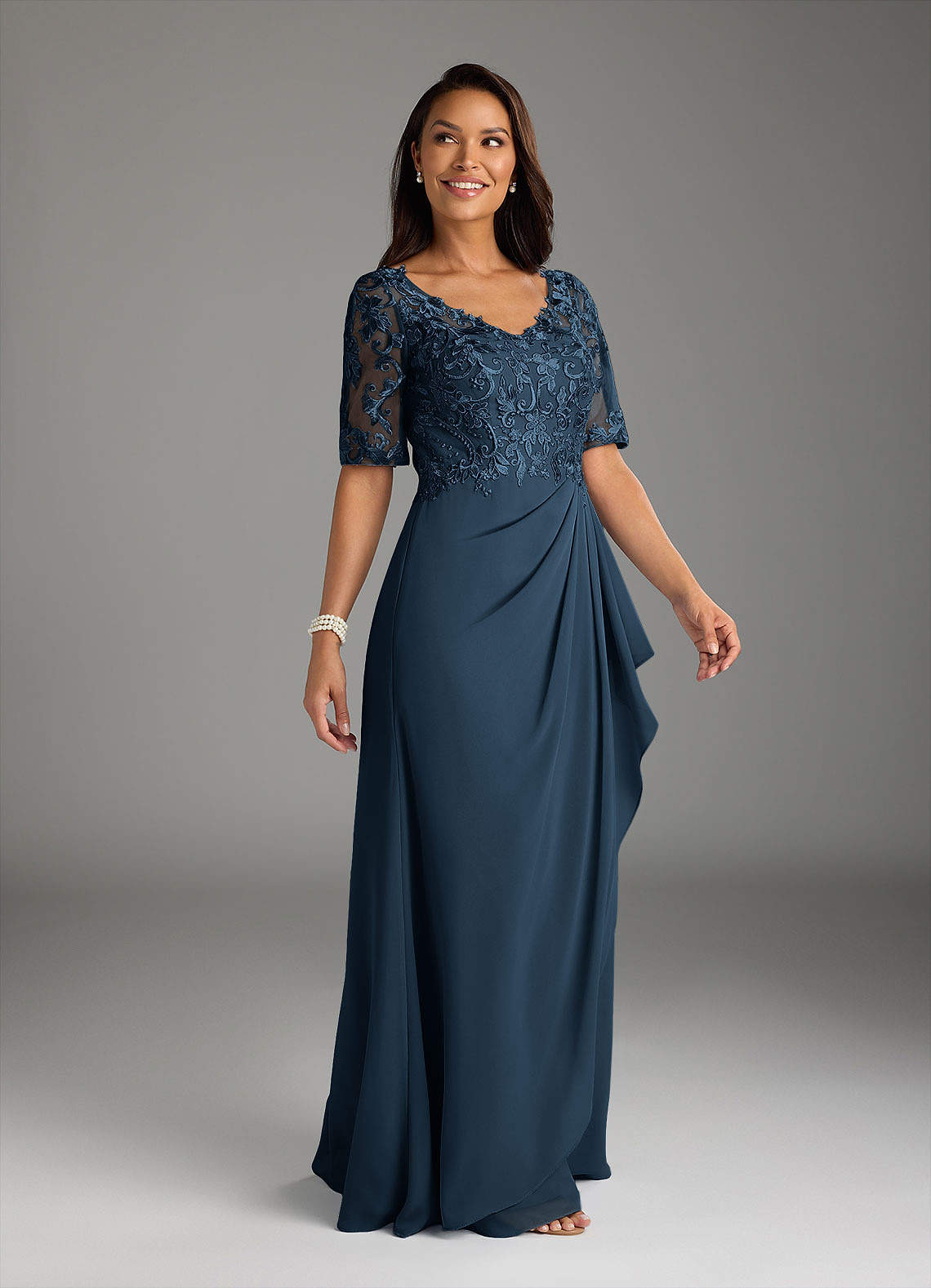 Amedeus A-Line V-Neck Chiffon and Lace Mother of the Bride Dress in Dark Navy