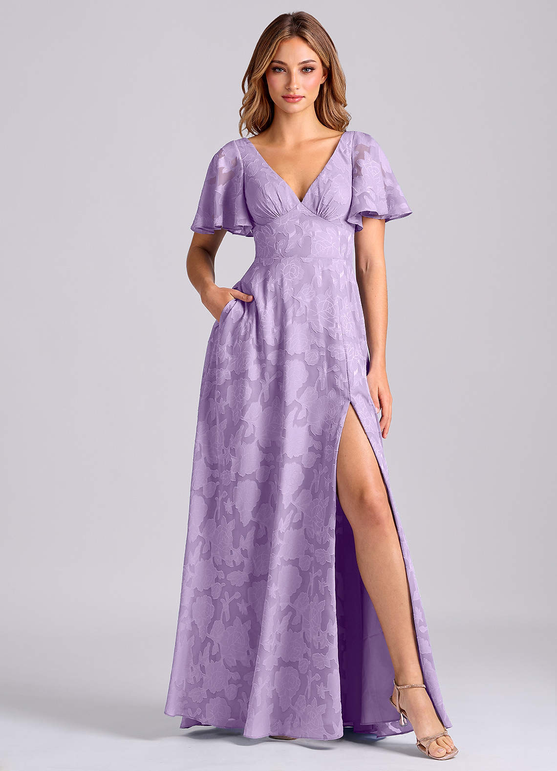 Kimber A-Line V-Neck Floral Burnout Bridesmaid Dress in Lilac