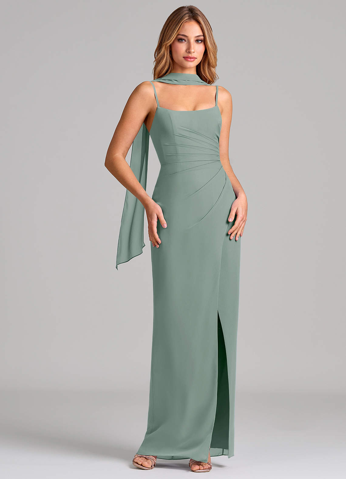Calandra Sheath Scoop-Neck Chiffon Bridesmaid Dress in Silver Sage