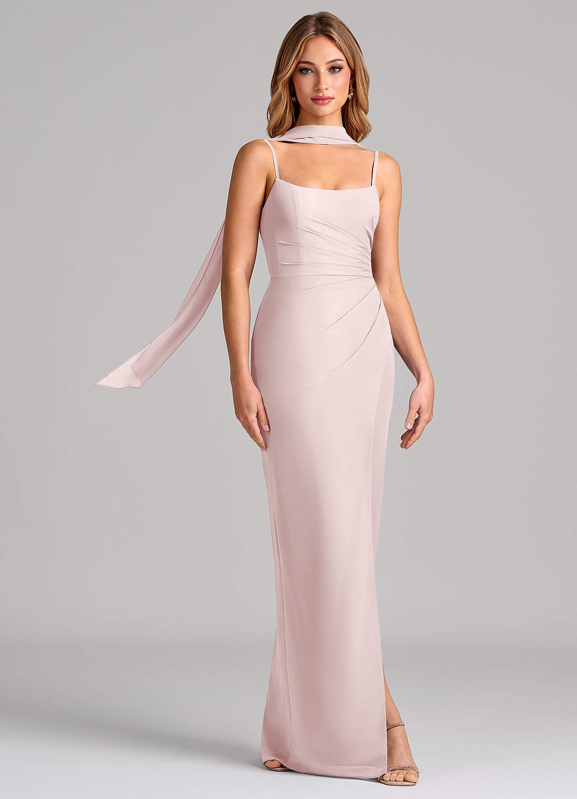 Calandra Sheath Scoop-Neck Chiffon Bridesmaid Dress in Blushing Pink