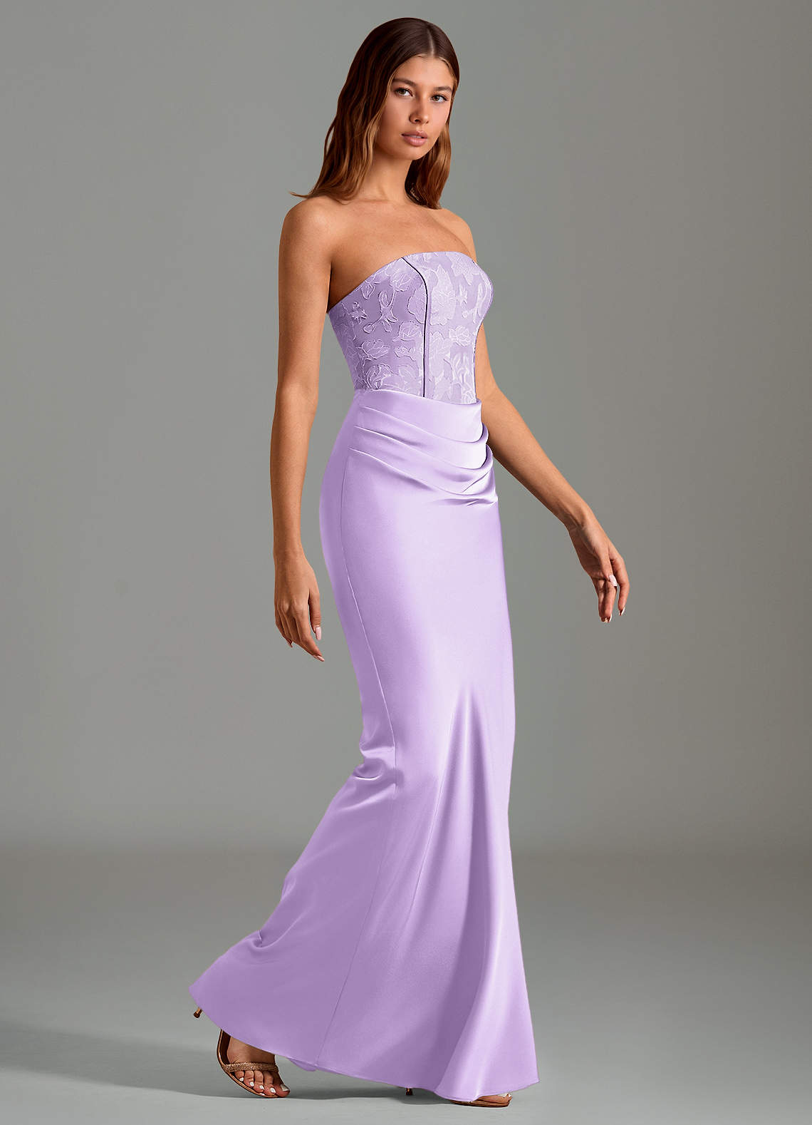 Emilia Mermaid Strapless Stretch Satin and Floral Burnout Bridesmaid Dress in Lilac