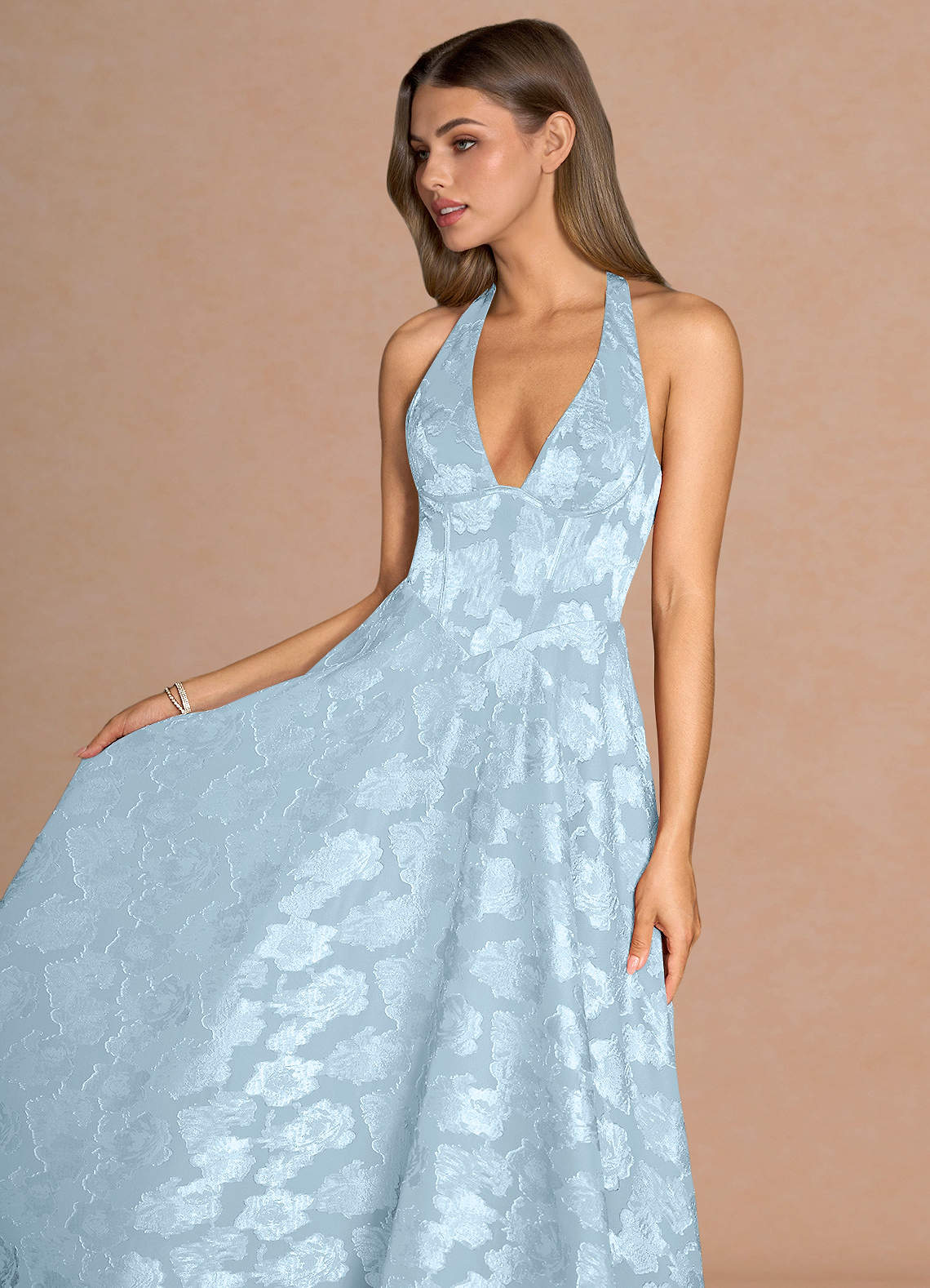 Isabeau A-Line V-Neck Fil Coupé Evening Dress in Powder Blue