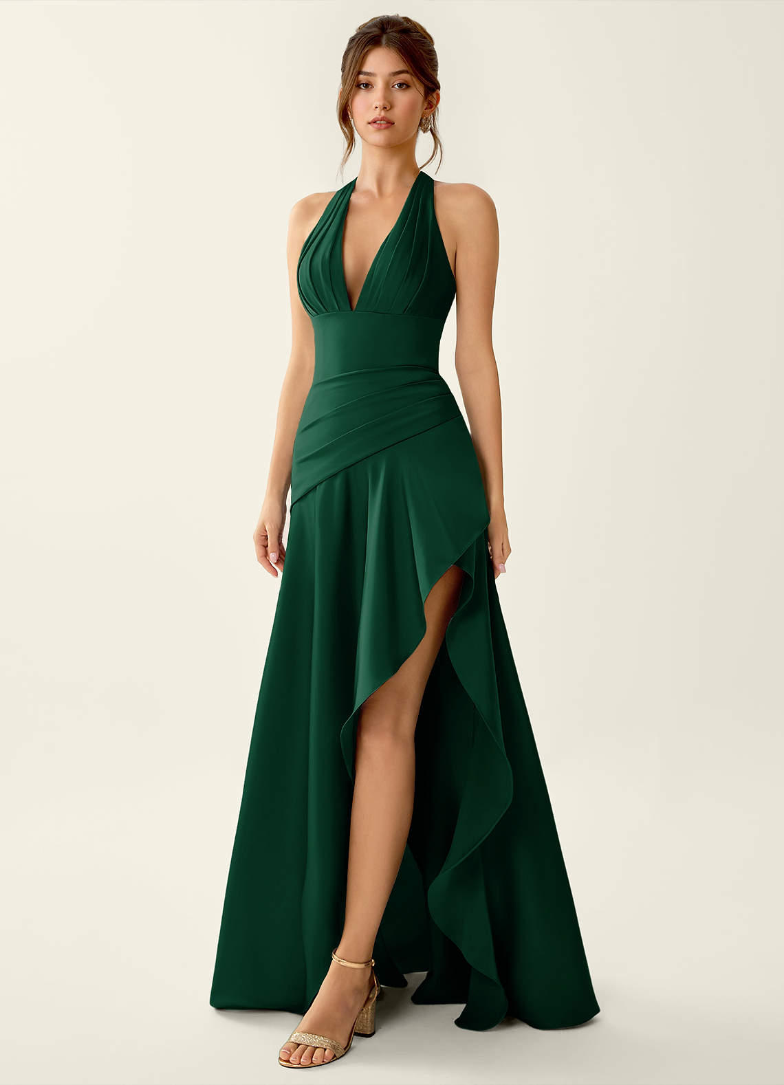 Titania Halter Asymmetric-Ruffle Satin Evening Dress in Pastel Yellow