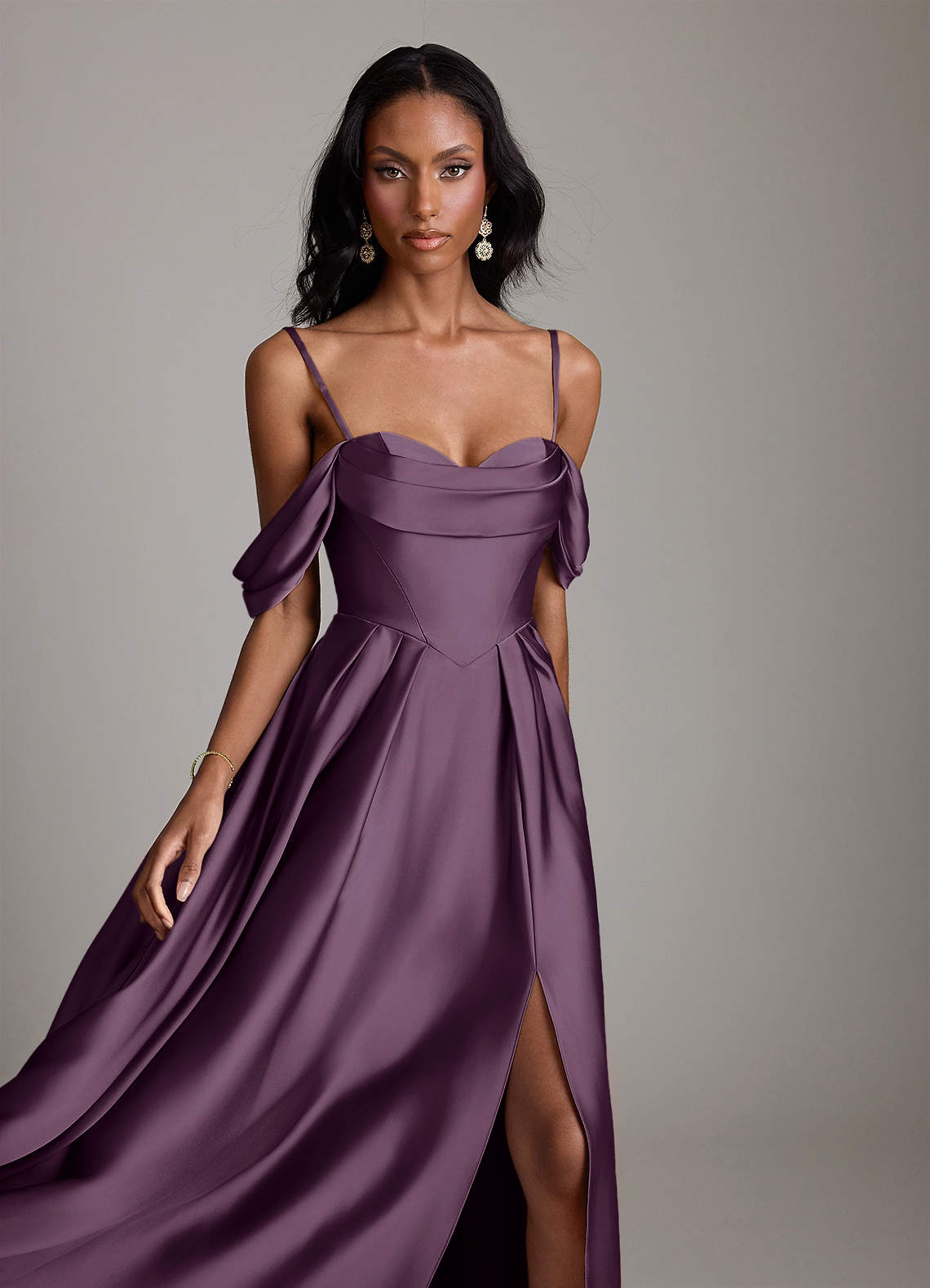 Loisa A-Line Off-the-Shoulder Stretch Satin Bridesmaid Dress in Plum
