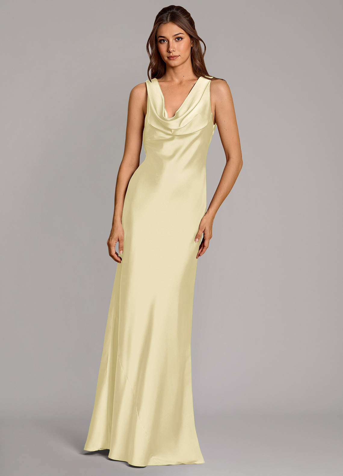 Cheryl Mermaid Cowl-Neck Stretch Satin Bridesmaid Dress in Lemon Sorbet