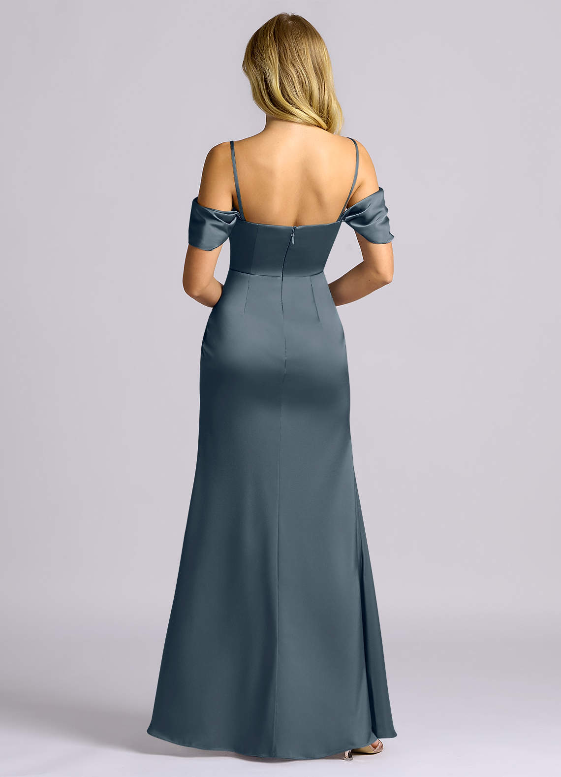 Auden Sheath Off-the-Shoulder Stretch Satin Bridesmaid Dress in Twilight