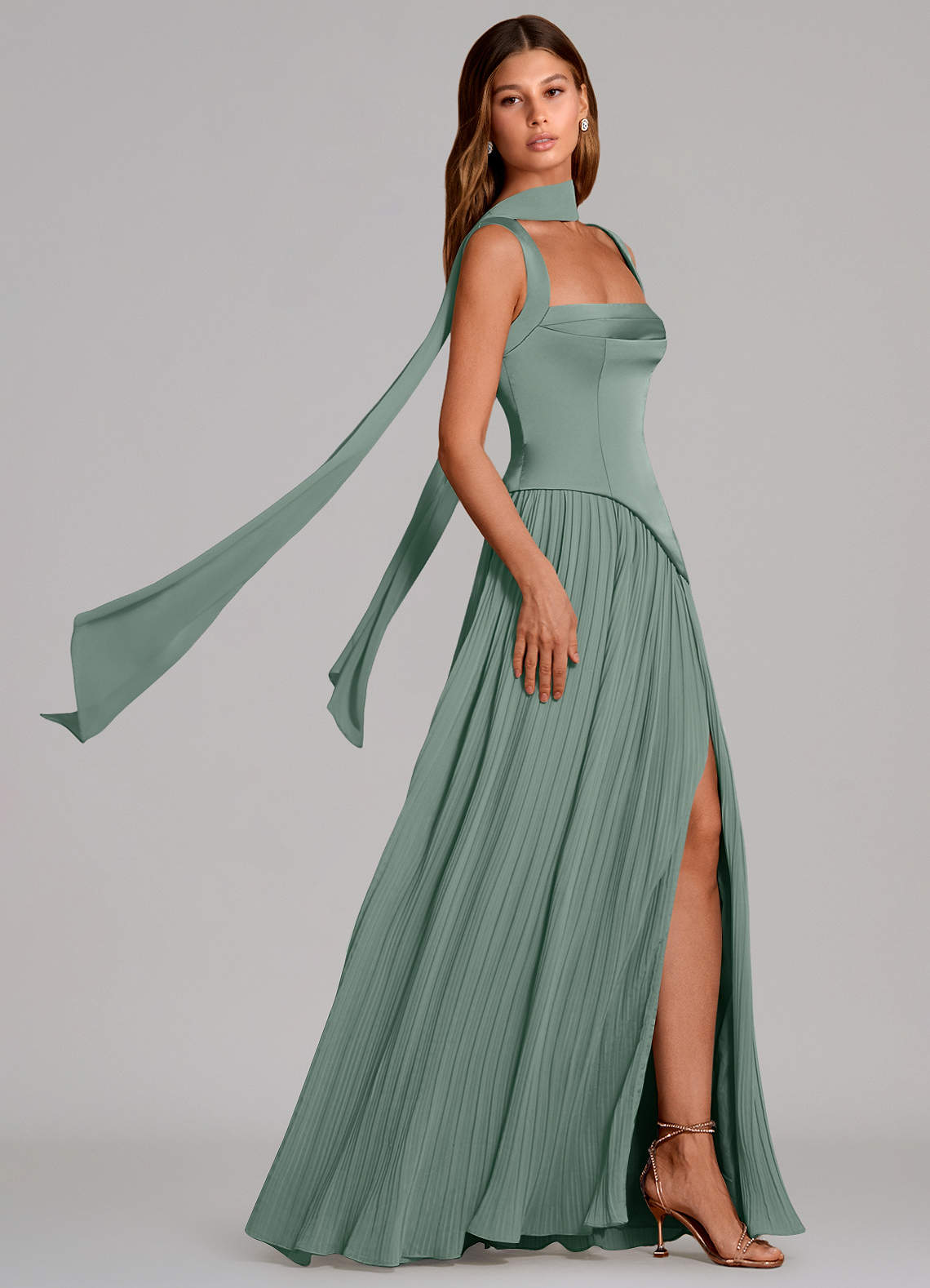 Stephanie A-Line Square-Neck Stretch Satin and Chiffon Bridesmaid Dress in Silver Sage