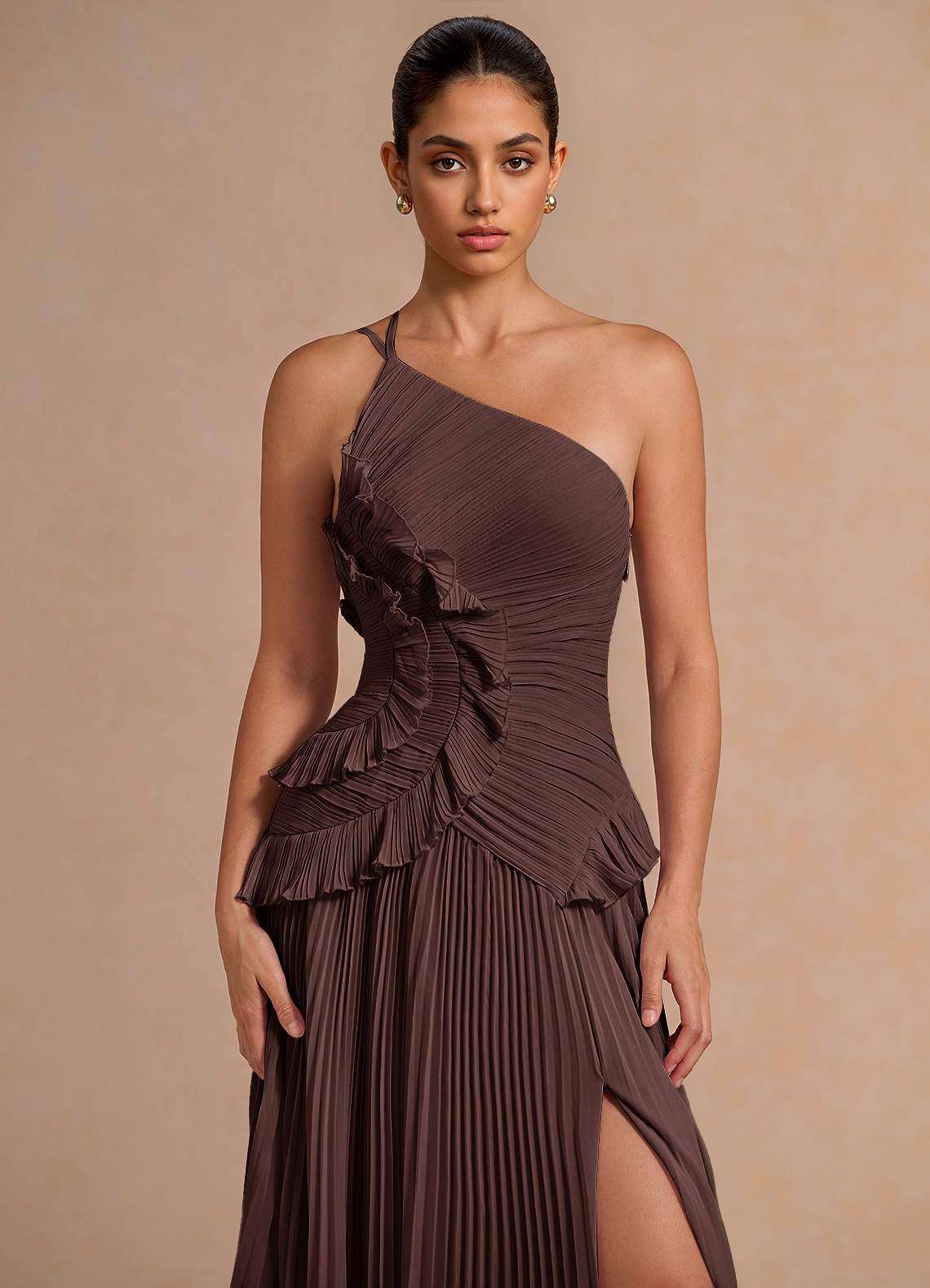 Melody A-Line One-Shoulder Chiffon Evening Dress in Truffle