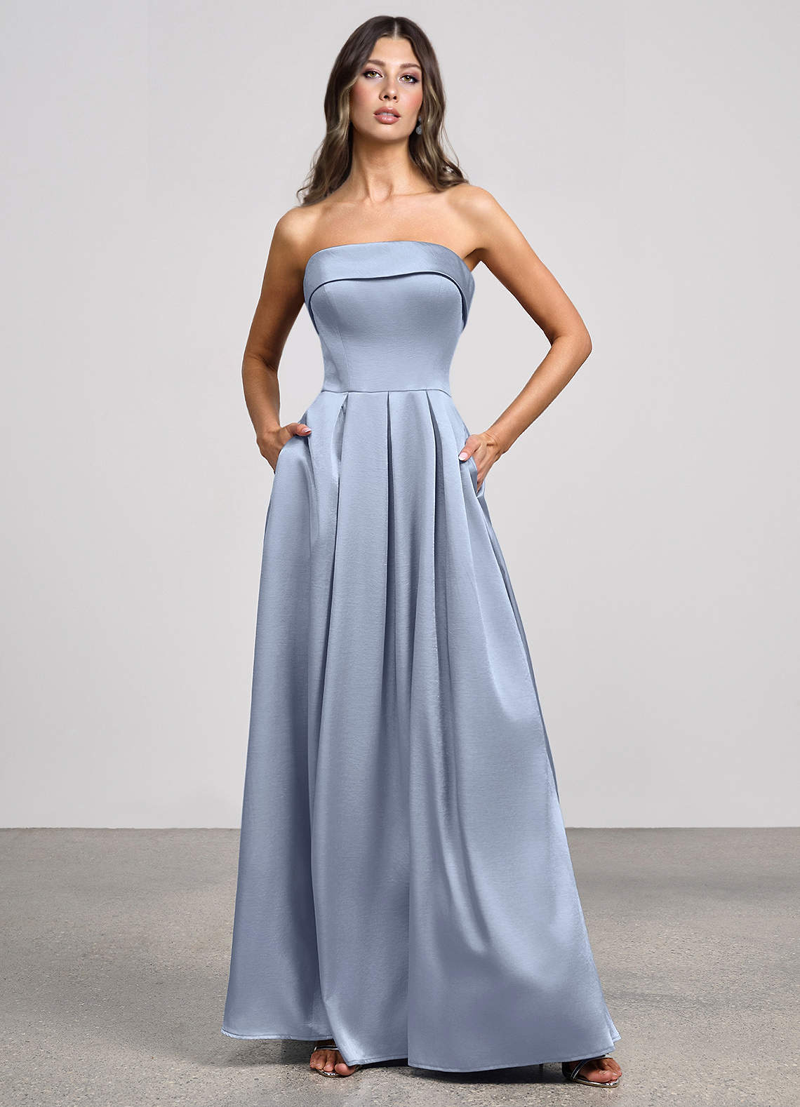 Isolde Strapless Folded-Neck Corset Luminous Satin Evening Dress in Dusty Sage