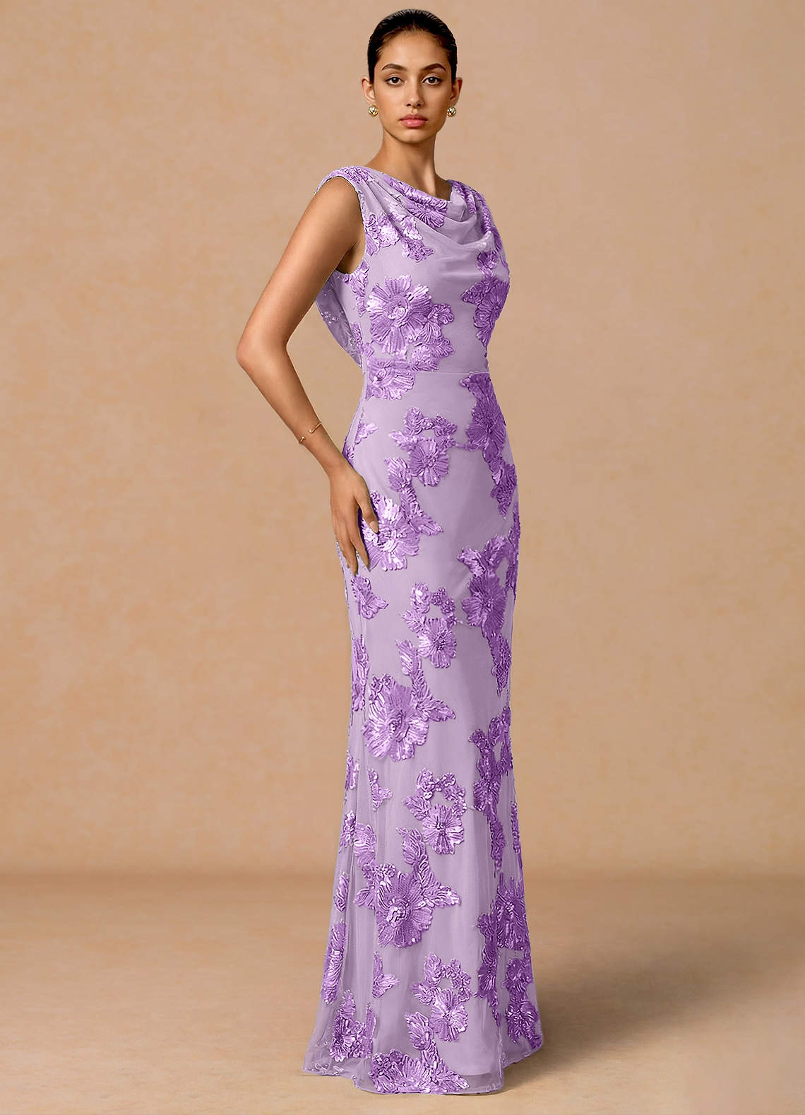 Elowis Column Open-Back Floral Mesh Evening Dress in Frosted Lilac