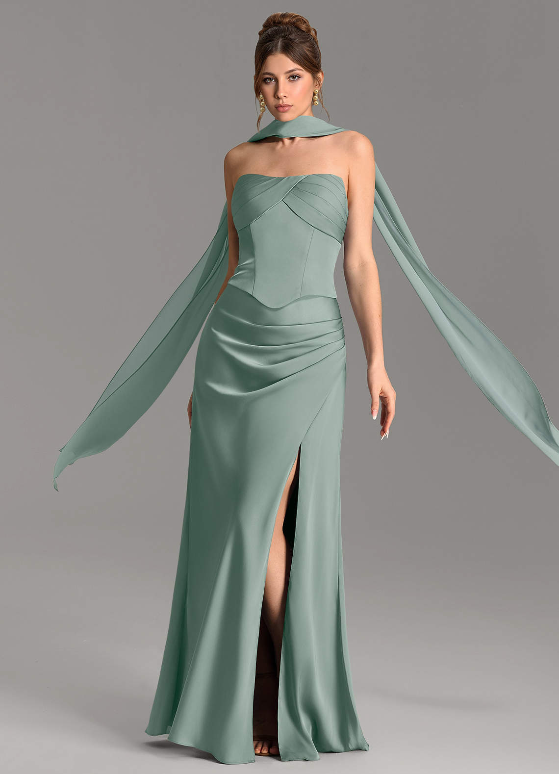 Nicki Sheath Scoop-Neck Stretch Satin Bridesmaid Dress in Silver Sage