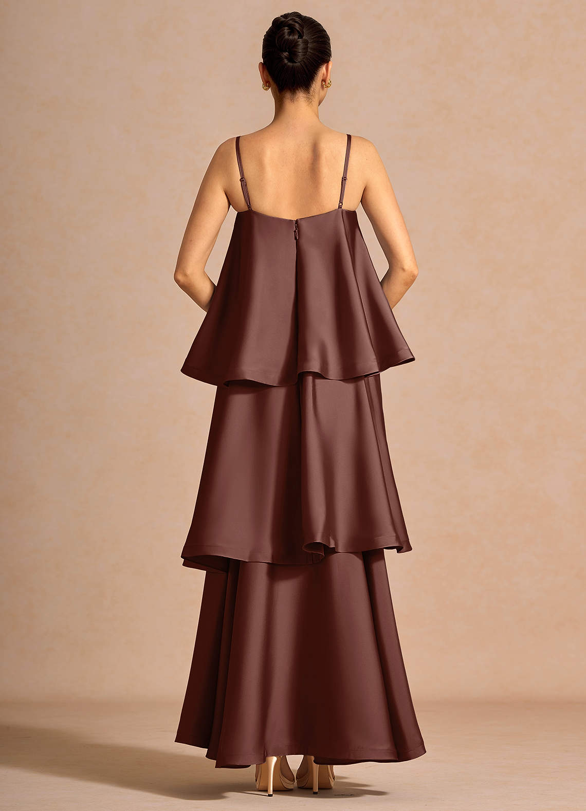 Itasca A-Line Tiered Stretch Satin Wedding Guest Dress in Mocha Coco