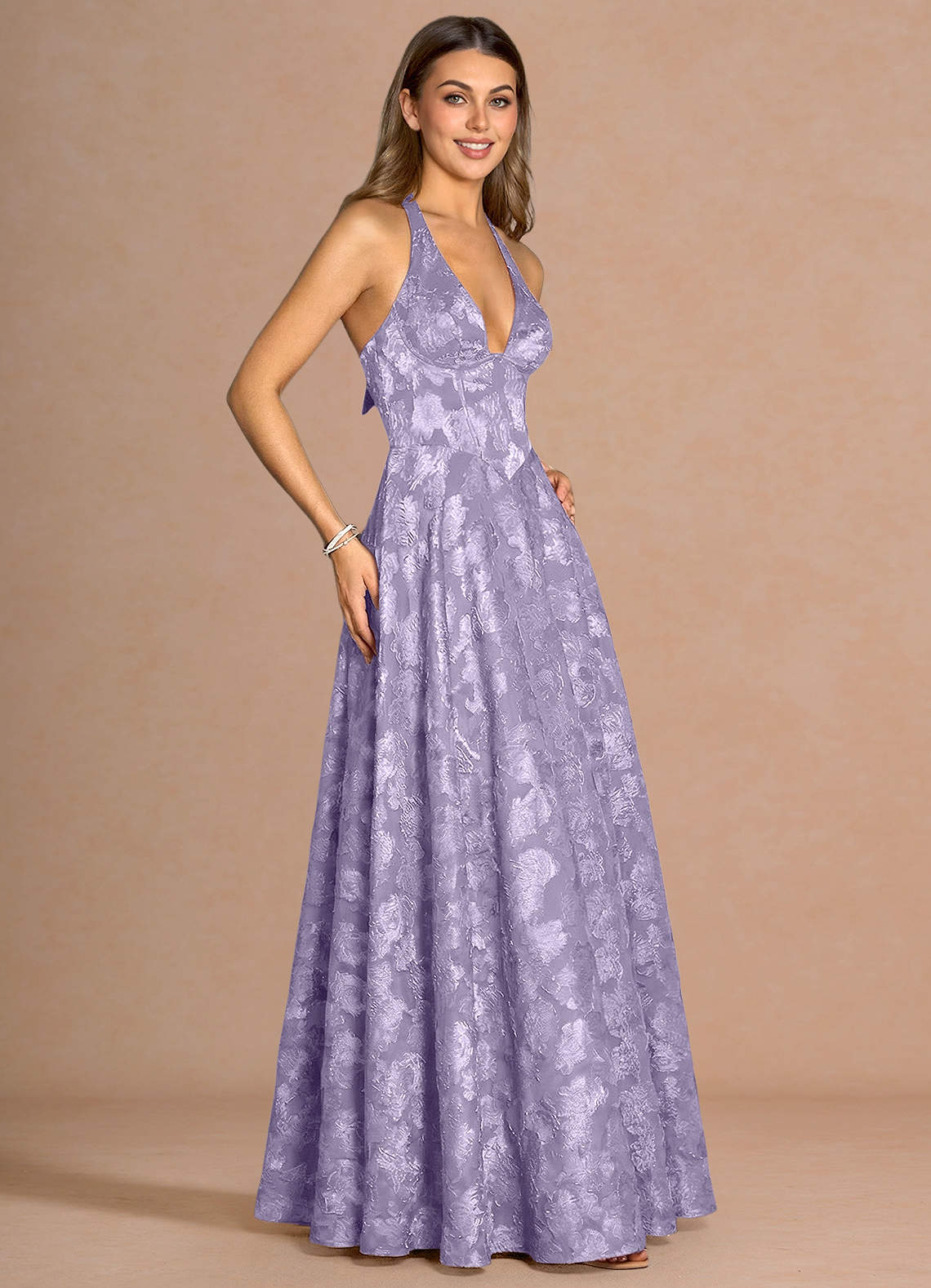 Isabeau A-Line V-Neck Fil Coupé Evening Dress in Lilac