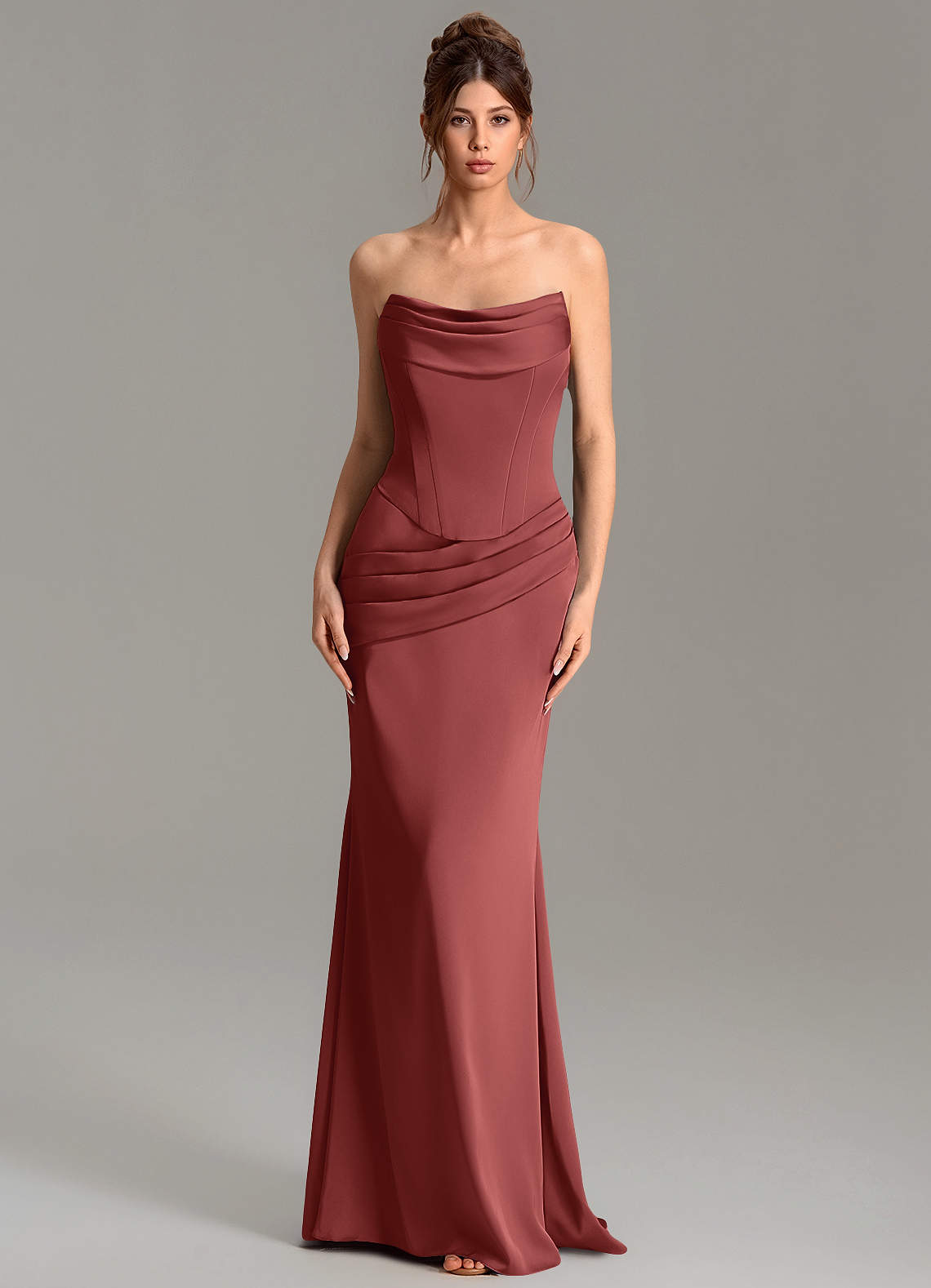 Adrienne Mermaid Cowl-Neck Stretch Satin Bridesmaid Dress in Terracotta