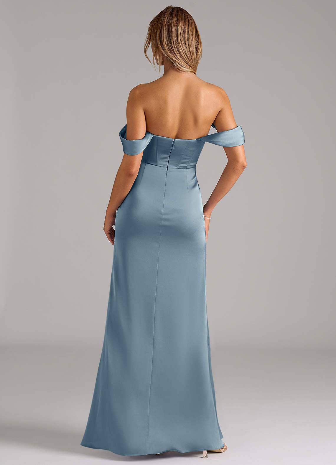 Johana Mermaid Off-the-Shoulder Stretch Satin Bridesmaid Dress in dusty blue