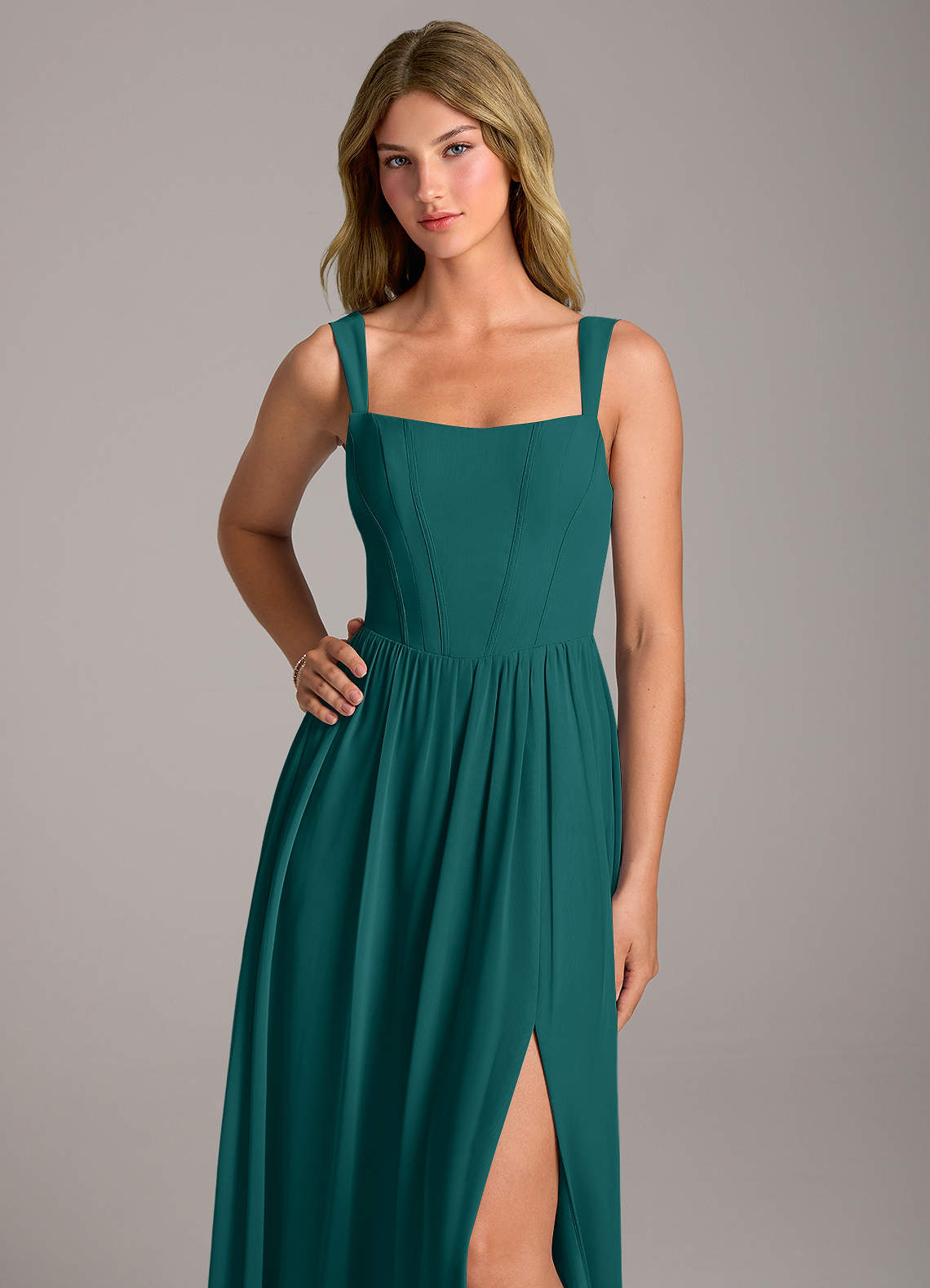 Rosaline A-Line Square-Neck Chiffon Bridesmaid Dress in Peacock