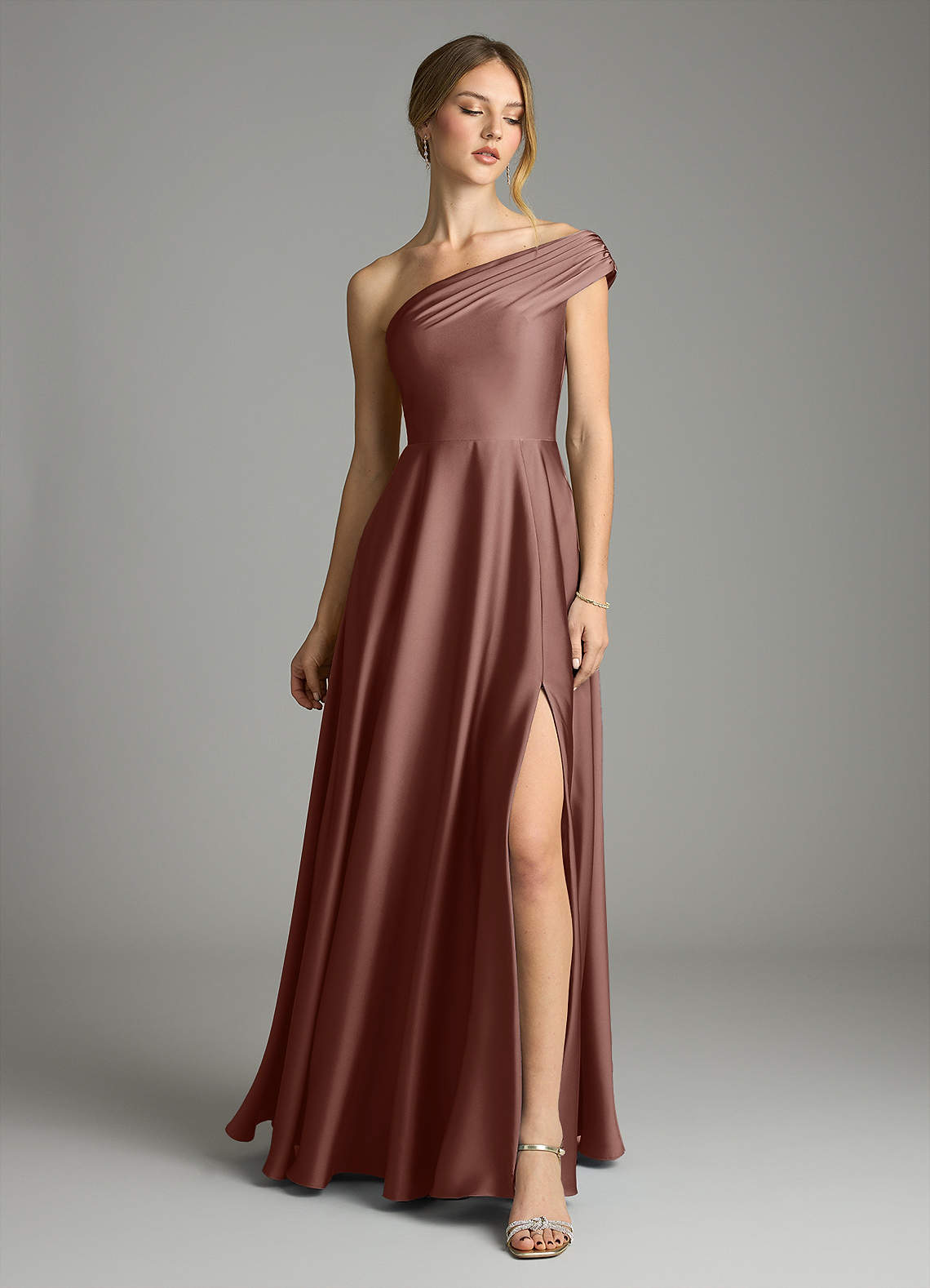 Melanie A-Line One-Shoulder Stretch Satin Bridesmaid Dress in Espresso