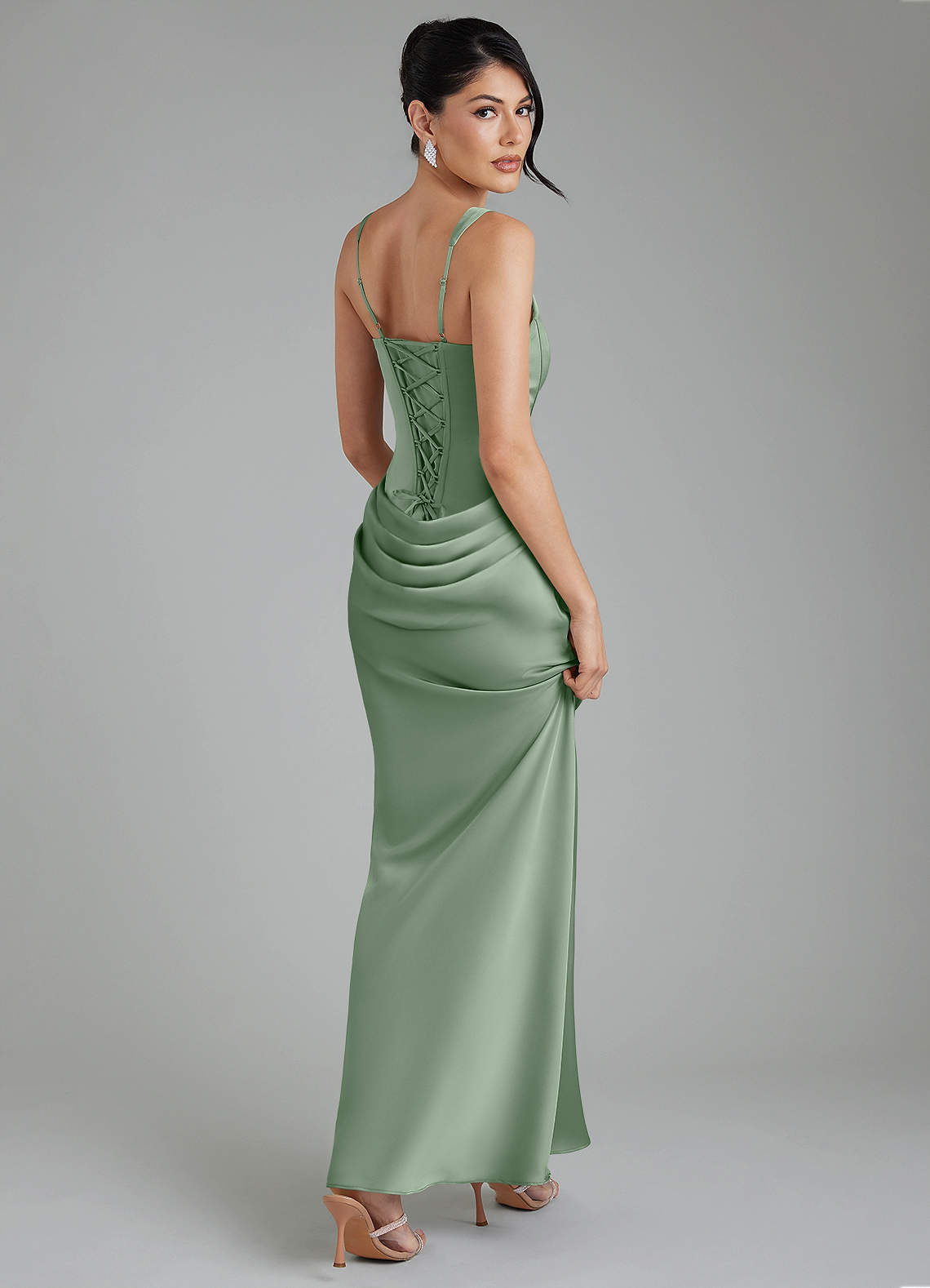 Etta Mermaid Square-Neck Stretch Satin Bridesmaid Dress in Matcha