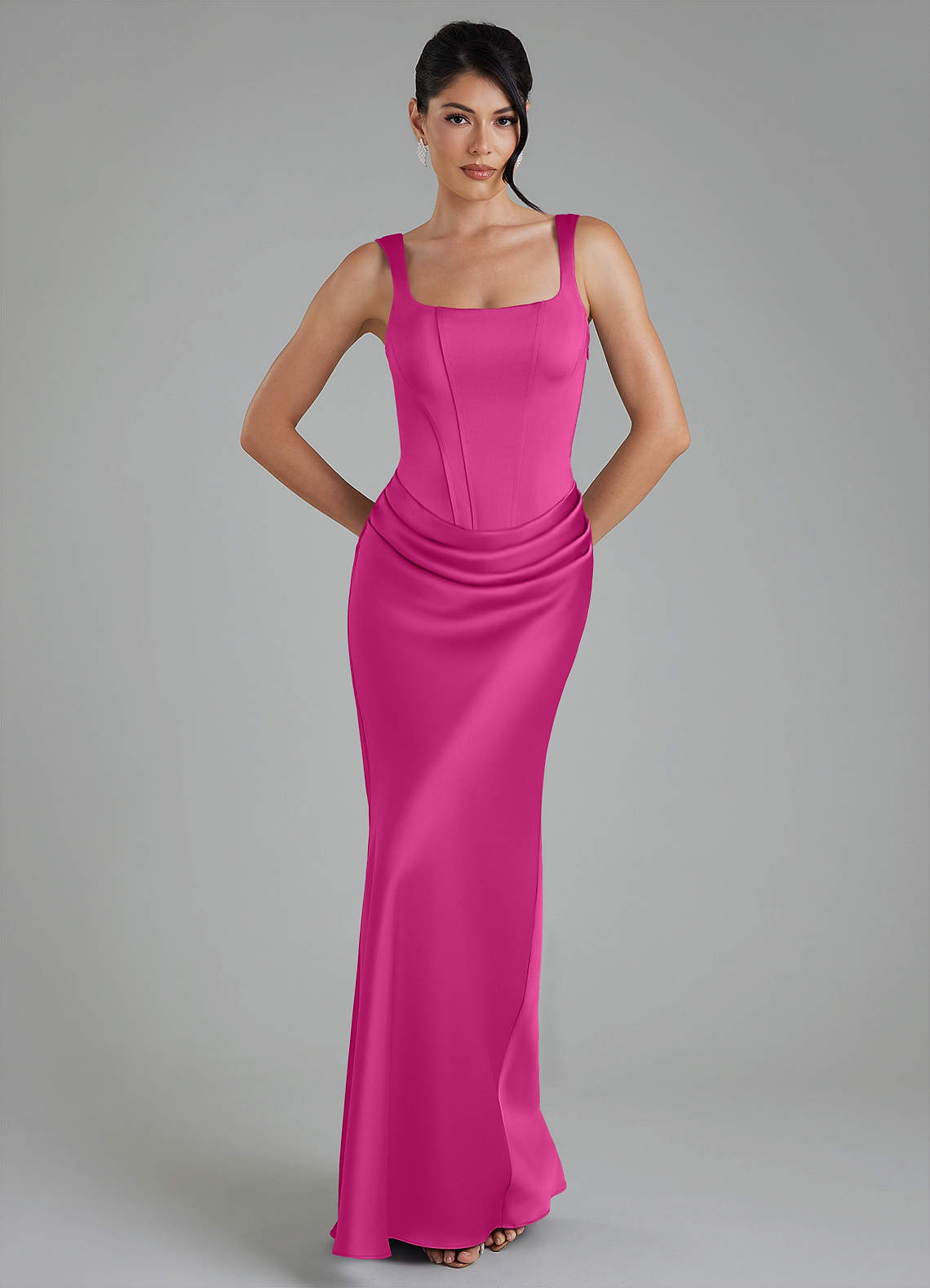 Etta Mermaid Square-Neck Stretch Satin Bridesmaid Dress in Fuchsia