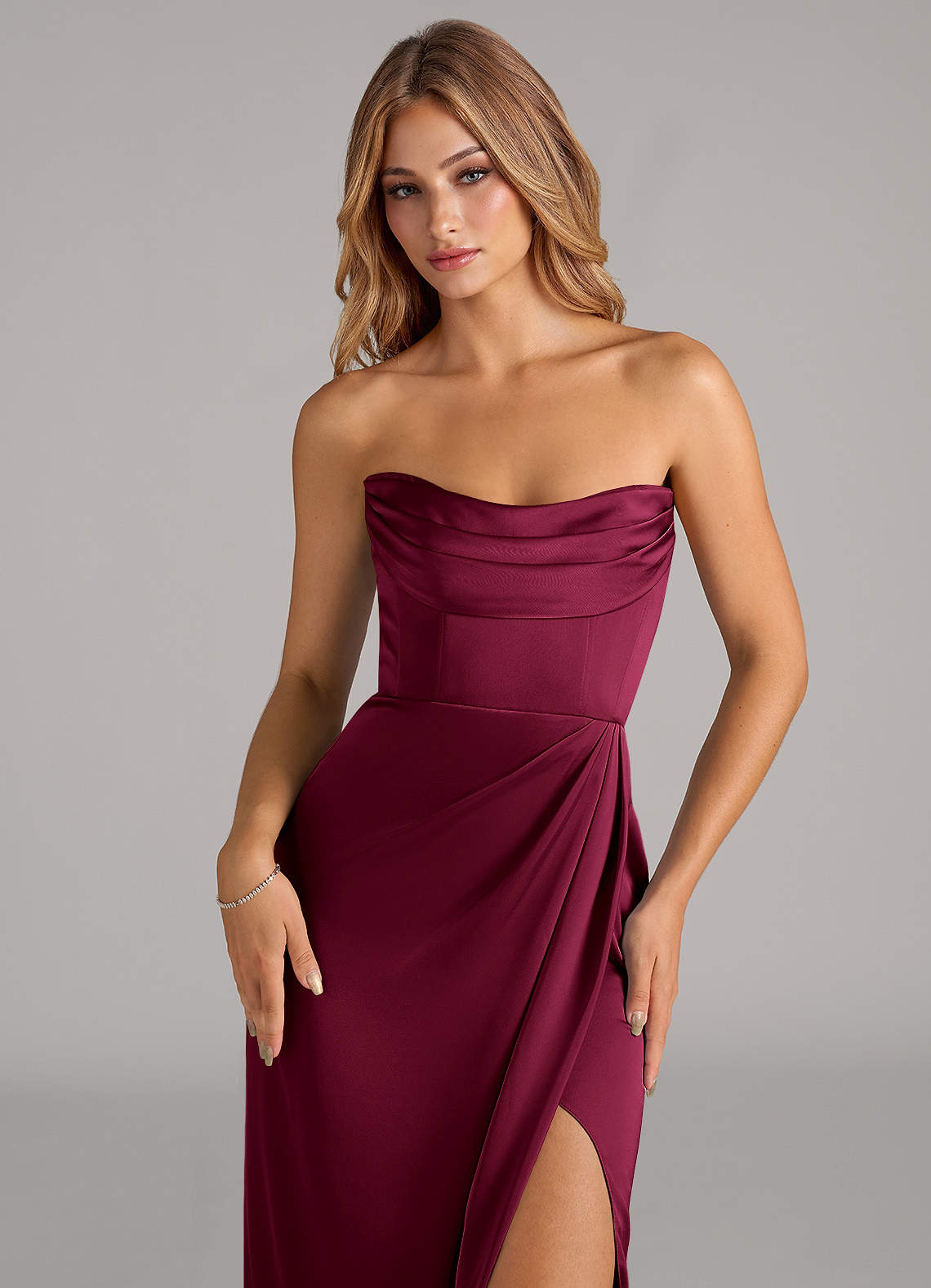 Johana Mermaid Off-the-Shoulder Stretch Satin Bridesmaid Dress in Burgundy