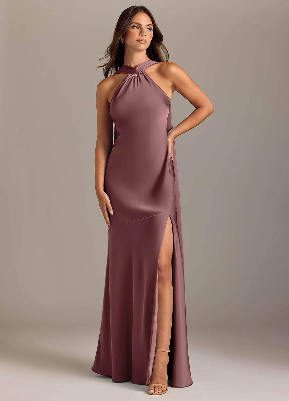 Kinsley Mermaid Halter Stretch Satin Bridesmaid Dress in Vintage Mauve