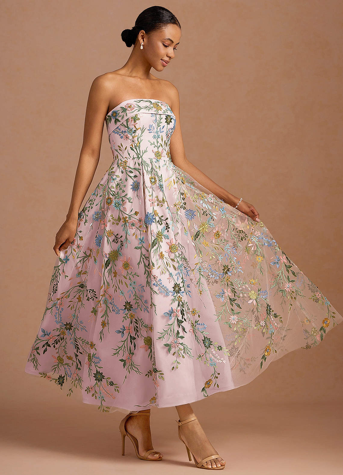 Evangeline Strapless Corset Floral Lace Evening Dress in candy pink