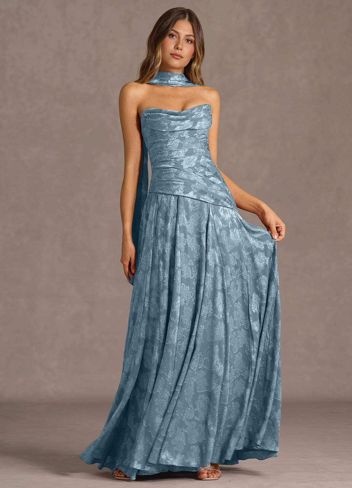 Gabriela A-Line Corset Fil Coupé Wedding Guest Dress in Dusty Blue