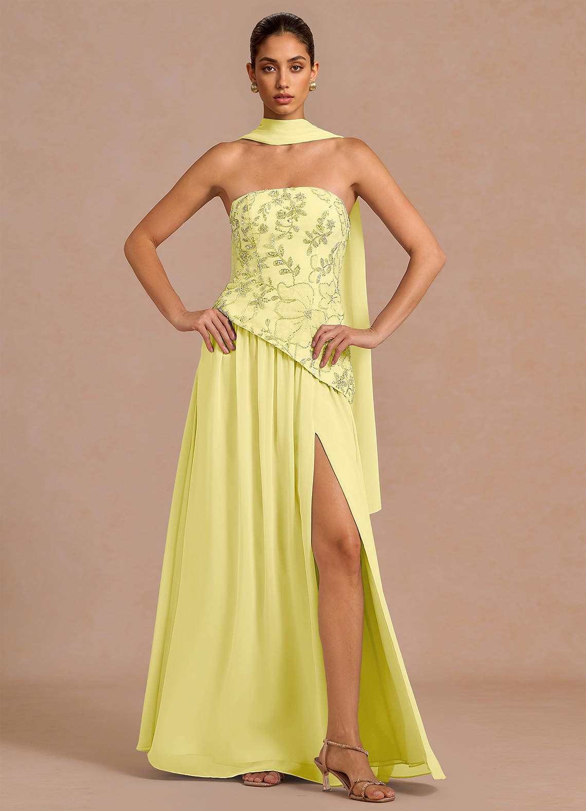 Galatea Sky Blue A-Line Floral Chiffon Evening Dress in White