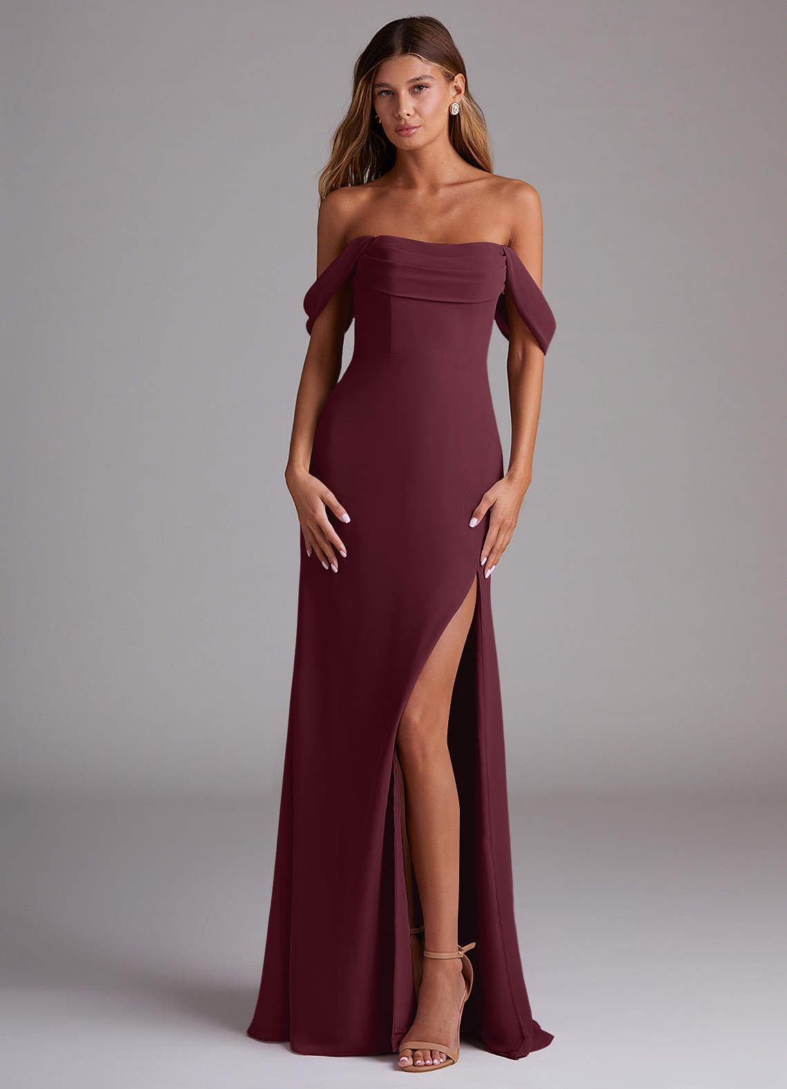 Saige A-Line Off-the-Shoulder Chiffon Bridesmaid Dress in Cabernet