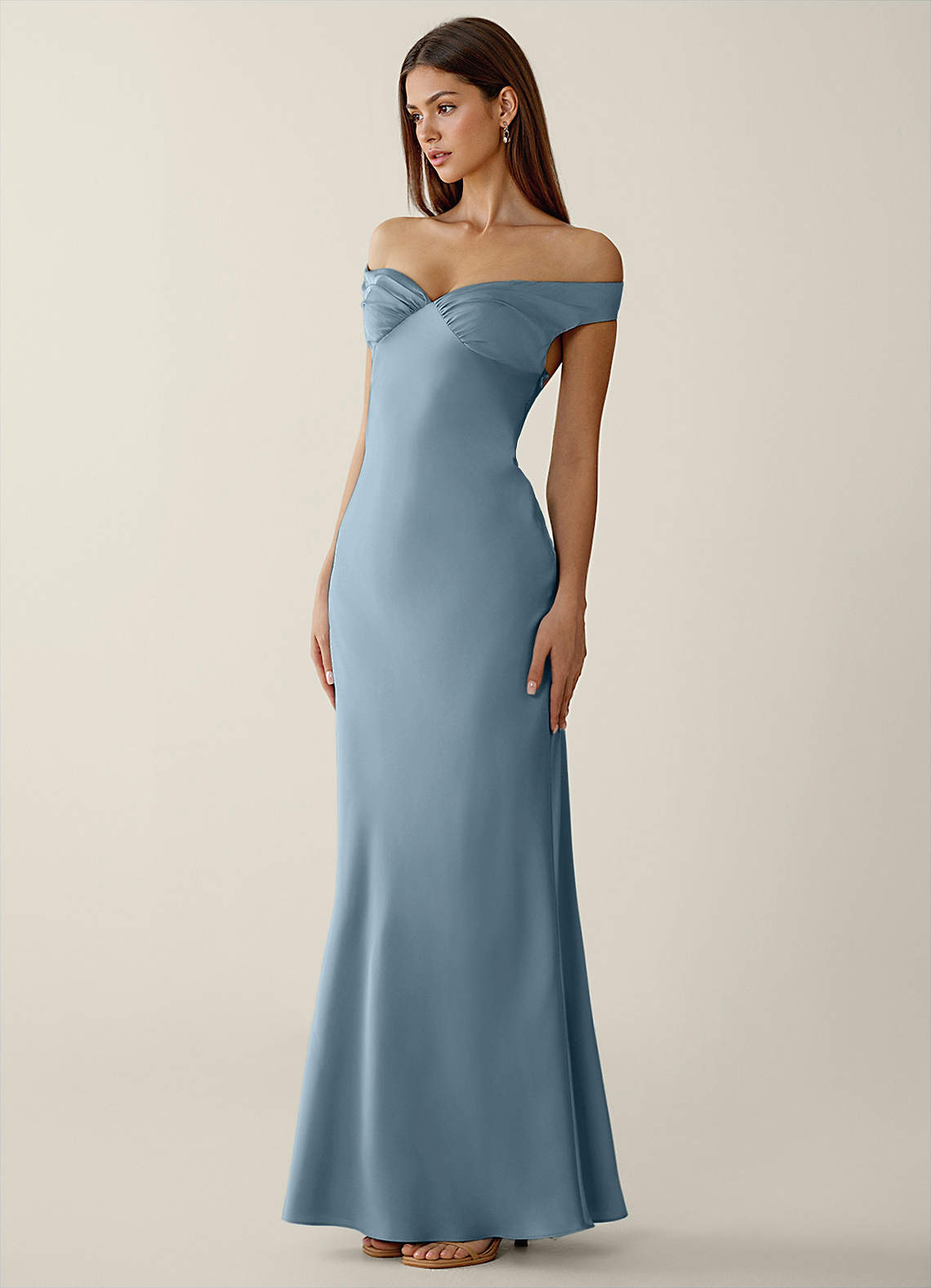 Gwendonme Sheath Off-the-Shoulder Satin Crystal Linen Evening Dress in Powder Blue