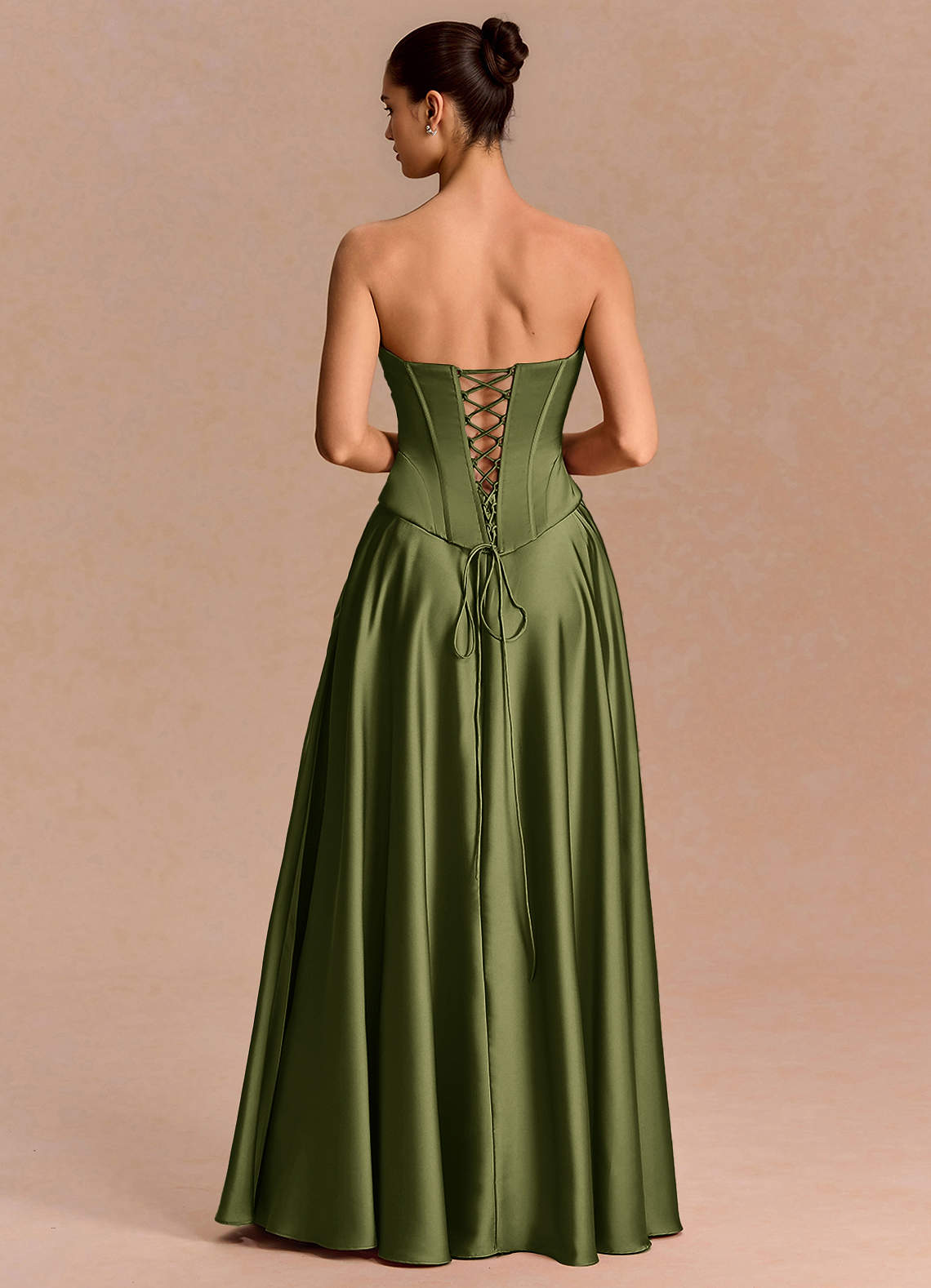 Eponine A-Line Pleated Stretch Satin Evening Dress in Olive