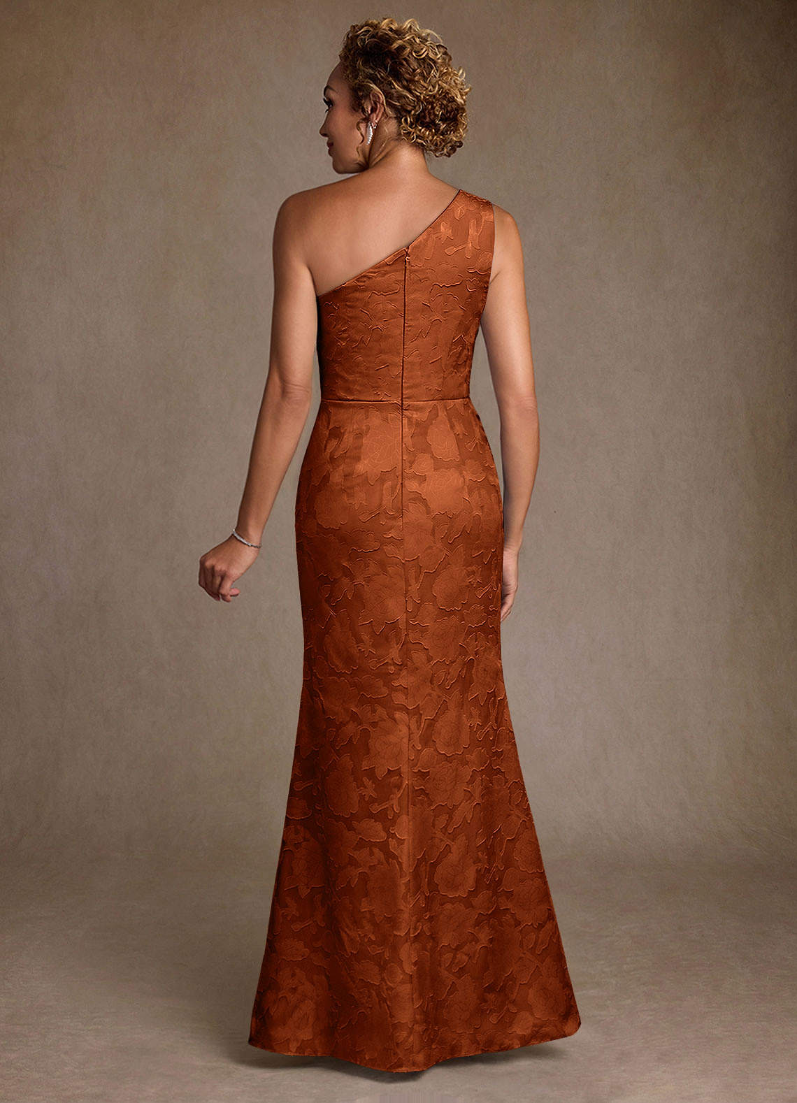 Joylin Trumpet One-Shoulder Floral Burnout Mother of the Bride Dress in Burnt Orange