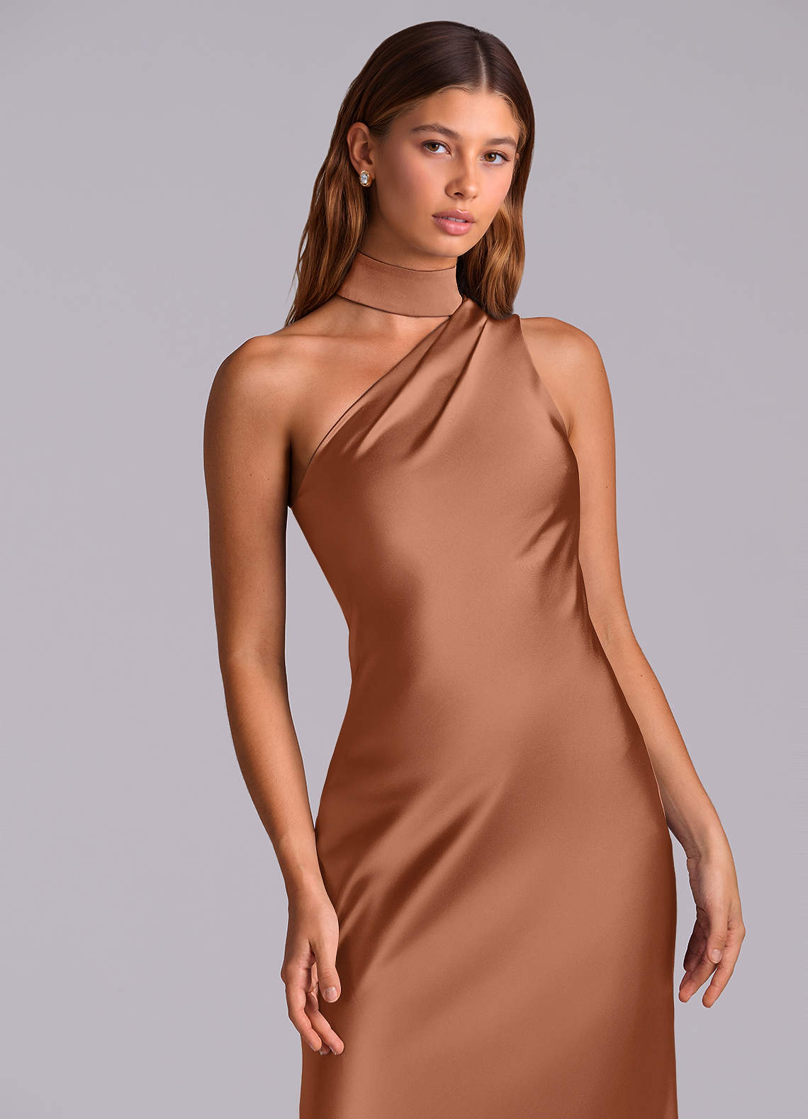 Seona Mermaid One-Shoulder Stretch Satin and Tulle Bridesmaid Dress in Bronzer