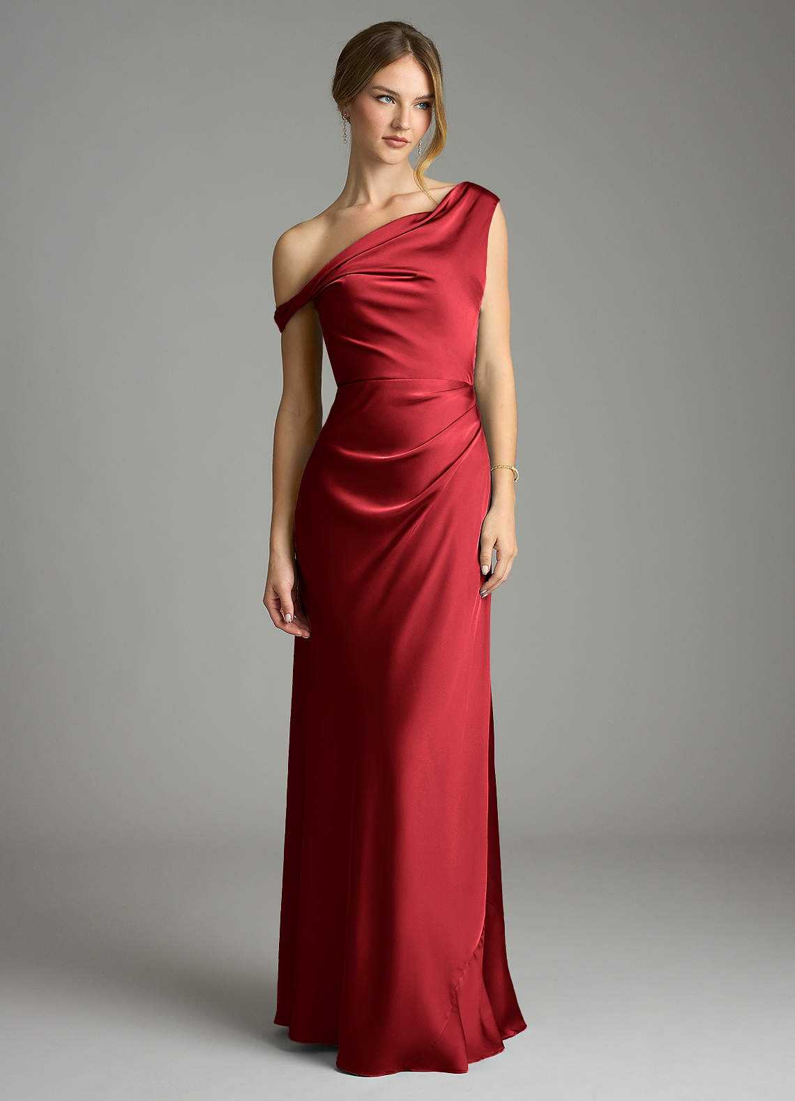 Emerson Mermaid One-Shoulder Stretch Satin Bridesmaid Dress in Scarlet