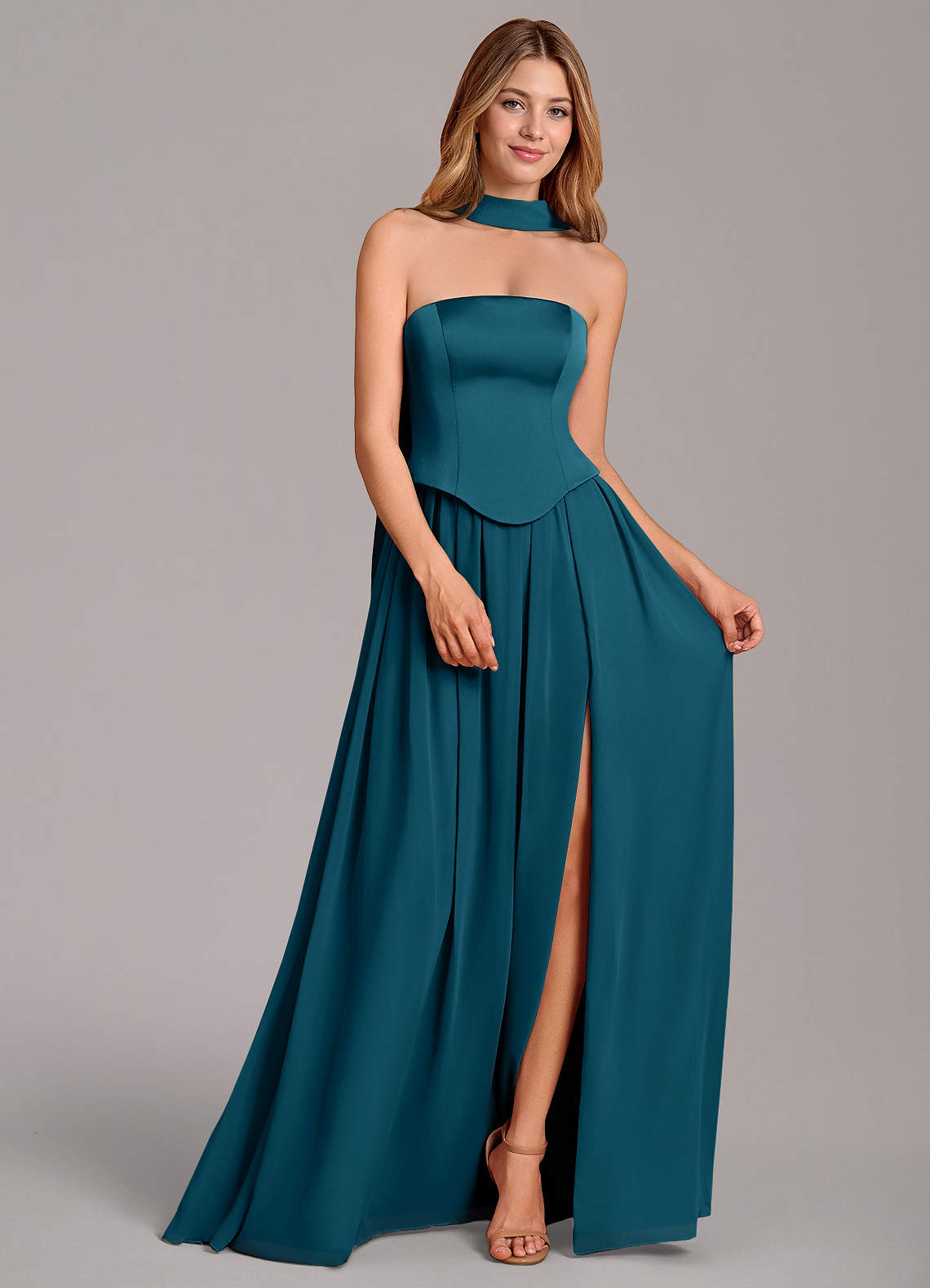 Cadence A-Line Strapless Chiffon and Stretch Satin Bridesmaid Dress in Ink Blue