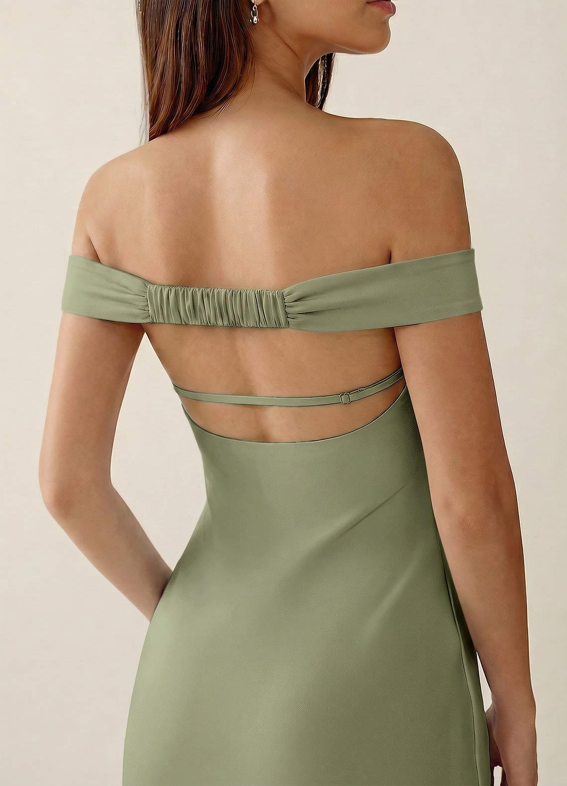 Gwendonme Sheath Off-the-Shoulder Satin Crystal Linen Evening Dress in Pistachio