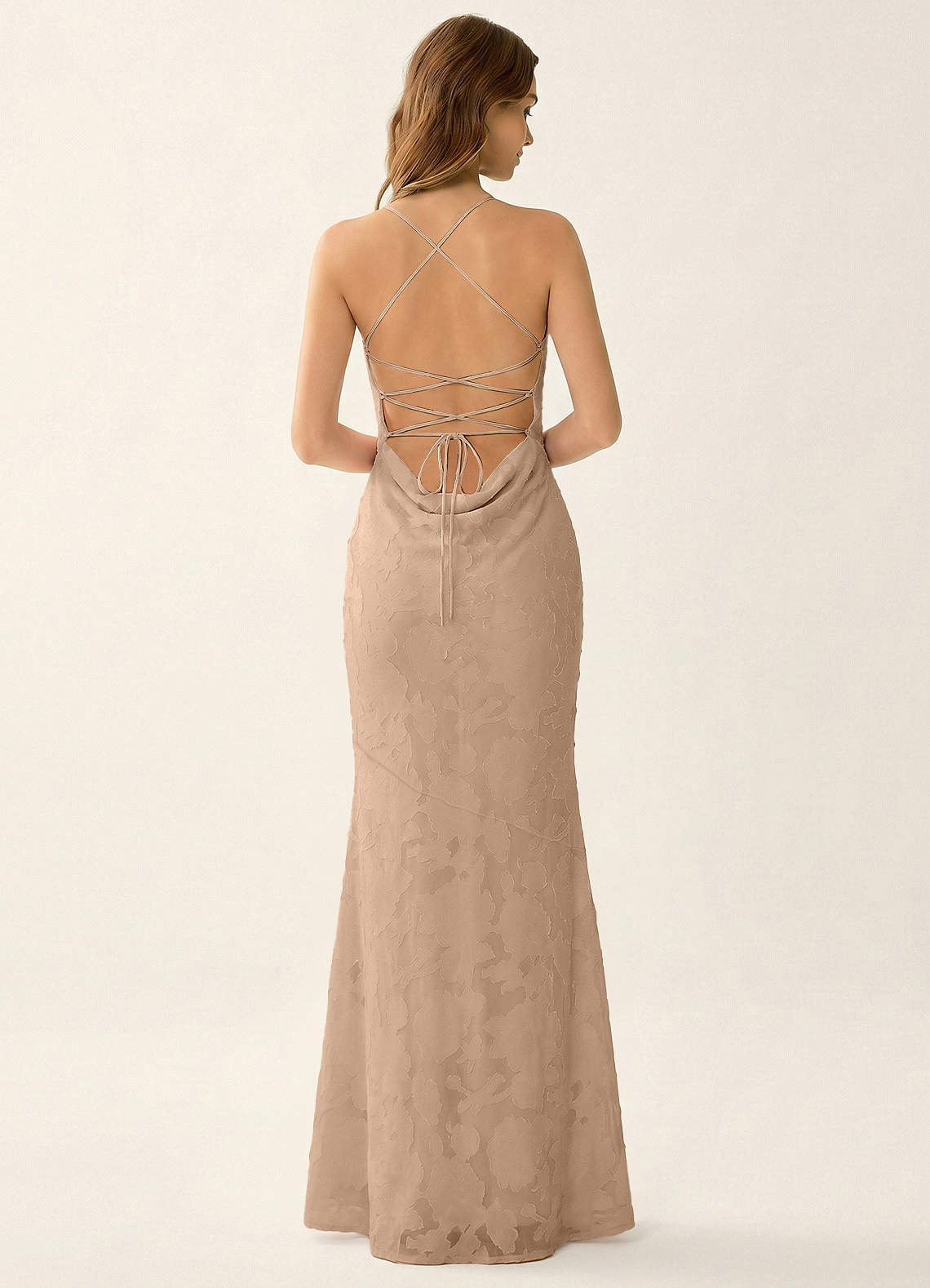 Natasha Mermaid Spaghetti-Strap Floral Burnout Evening Dress in Champagne